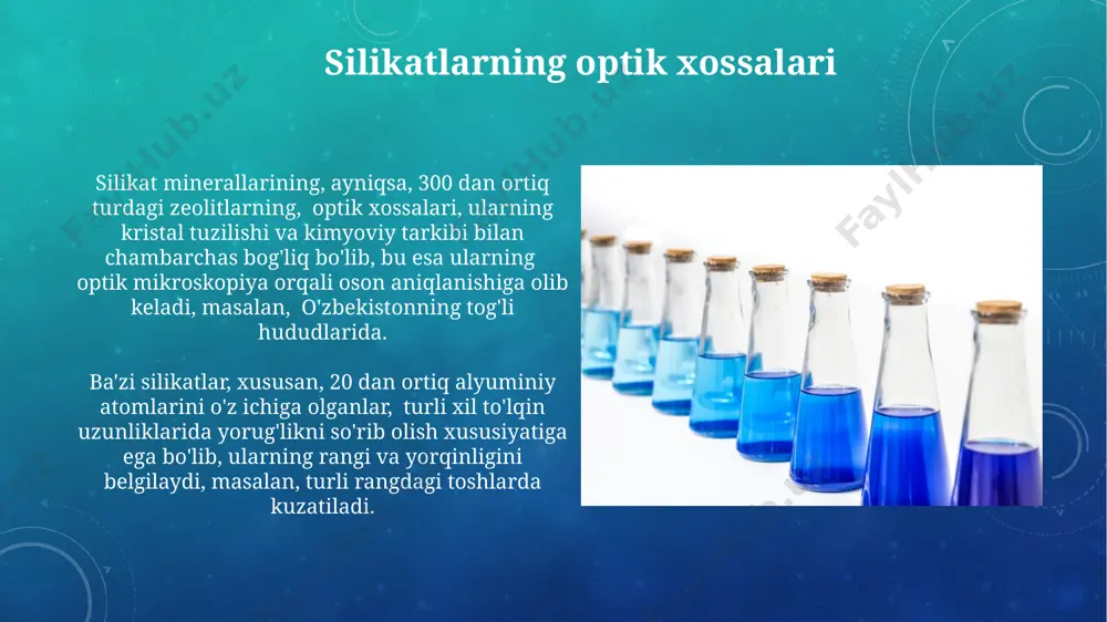 'lib, ularning xossalari strukturaviy xususiyatlariga bog'liq. silikatlarning kimyoviy tarkibi silikatlarning kimyoviy tarkibi kremniy (si) atomining kislorod (o) bilan turli nisbatlarda birikishidan hosil bo'ladi, masalan, sio2 (kvars) yoki murakkabroq formulalarga ega bo'lgan silikat minerallari, jumladan, 2:1 tipdagi slyudalar, dunyoning turli qit'alarida, xususan, rossiya va xitoydagi konlarda uchraydi. silikatlar tarkibiga gidroksil (oh) guruhlari ham kirishi mumkin, bu esa ularning suv bilan o'zaro ta'sirini o'zgartiradi va turli xil gidrotermik jarayonlar natijasida, masalan, 300-500°c haroratlarda, janubiy amerika and tog'laridagi ulkan toshqinlardan keyin hosil bo'ladi. silikatlarning ishlatilishi koʻplab keramika mahsulotlari, jumladan, 1000°c dan yuqori haroratda pishirilgan chinni idishlar, alyuminosilikatlar va boshqa silikat minerallarining aralashmasidan tayyorlanadi va butun dunyo boʻylab, shu jumladan, yaponiya singari davlatlarda keng qoʻllaniladi. shisha ishlab chiqarishda ishlatiladigan silikatlarning 70% dan ortigʻi qum shaklida boʻlib, yuqori haroratlarda eritilgandan soʻng, turli xil shakl va oʻlchamdagi shisha buyumlarni yaratishga imkon beradi, masalan, xitoyda keng tarqalgan. mika va uning xossalari mikа kristallarining o'lchamlari 0,1 mm dan …