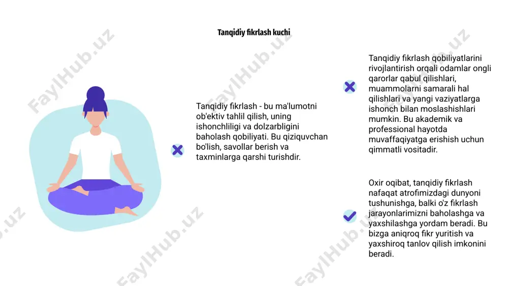 n fikrlash bilan yondashishlari mumkin. samarali strategiyalardan biri o'ylantiruvchi savollar berish va turli nuqtai nazarlarni rag'batlantirish uchun munozaralarda qatnashishdir. bundan tashqari, yangi ma'lumot va o'rganish imkoniyatlarini faol ravishda izlash insonning bilimini kengaytirishga va kognitiv qobiliyatlarni yaxshilashga yordam beradi. bundan tashqari, o'sish tafakkurini rivojlantirish va fikr-mulohazalarga ochiq bo'lish ham fikrlash qobiliyatini oshirishi mumkin. doimiy ravishda o'zini sinab ko'rish va yaxshilashga intilish orqali odamlar rivojlanishda davom etishlari va murakkab muammolarni samarali hal qilishlari mumkin. fikrlash va muammolarni hal qilishning kesishishi fikrlash muammoni hal qilishning muhim jihati hisoblanadi, chunki u ma'lumotni tahlil qilish, g'oyalar yaratish va qaror qabul qilishni o'z ichiga oladi. bu ijodkorlik va mantiqning chorrahasida. o'ylaganimizda, biz variantlarni baholaymiz, natijalarni kutamiz va innovatsion echimlarni topish uchun muqobillarni tortamiz. bu diqqat, qat'iyat va moslashuvchanlikni talab qiladigan jarayon. fikrlash qobiliyatimizni oshirib, biz muammolarni hal qilish qobiliyatimizni oshiramiz, bu bizga muammolarni samarali hal qilish va hayotimizning turli jabhalarida ongli qarorlar qabul qilish imkonini beradi. …
