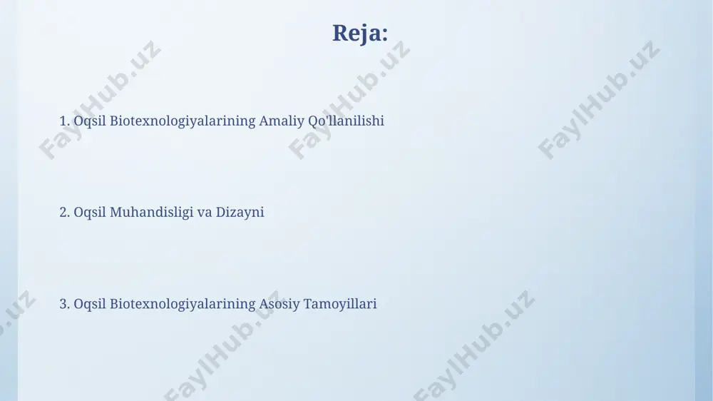 gi yordamida hosildorlikni 15-20% ga oshirishga qodir bo'lgan, qurg'oqchilikka chidamli g'o'za navlarini yaratish mumkin. transgenik o'simliklarga qo'shilgan bt-oqsillari tufayli, hasharotlar zararkunandalariga qarshi kurashda pestitsidlar ishlatish 30% ga kamayishi mumkin. oqsil biotexnologiyalarining kelajagi sintetik biologiya yordamida yangi, tabiiyda mavjud bo'lmagan funktsiyalarga ega bo'lgan 1000 dan ortiq oqsillarni yaratish va ularni sanoatda qo'llash istiqbollari katta. oqsil muhandisligi texnologiyalarining rivojlanishi tufayli, oziq-ovqat mahsulotlarining ozuqaviy qiymati va sifatini yaxshilash uchun 20 dan ortiq yangi oqsil manbalari yaratilishi mumkin. oqsilning sanoatdagi qo'llanilishi to'qimachilik sanoatida, 50% dan ortiq sun'iy tolalarni ishlab chiqarish jarayonida, oqsil asosidagi yopishtiruvchi moddalar va emulyatorlar qo'llaniladi. biologik faol moddalar sifatida ishlatiladigan rekombinant oqsillar, masalan, insulin yoki gormonlar, yillik global bozor hajmi 50 milliard dollarni tashkil etadi. oqsil biotexnologiyalarining ta'rifi ushbu sohada rekombinant dnk texnologiyalari, shu jumladan, plazmid vektorlari va bakteriyalar yordamida maqsadli oqsillarni ekspressiya qilish kabi 20 dan ortiq muhim texnikalar qo'llaniladi. oqsil biotexnologiyalari genetik muhandislik va fermentativ texnologiyalarni qo'llab, 1000 dan …