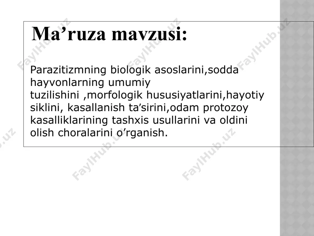 qima, xujayra, ichki tana bo’shlig’ida parazitlik qiladi. 7 parazitlar klassifikatsiyasi monoksen parazitlar-faqat maʼlum bir tur hujayinda yashashga moslashgan parazitlar (odam askaridasi- odam paraziti. geteroksen parazitlar ikki yoki undan ortiq hujayin turiga ega (toksoplazma, trixinella). 8 hujayinlar klassifikatsiyasi asosiy (ohirgi, definitiv ) hujayin –parazit voyaga yetgan shaklda bo’ladigan va jinsiy ko’payadigan organizm. oraliq hujayin parazit lichinkalik bosqichida bo’ladigan va jinssiz ko’payadigan organizm. rezervuar hujayin parazit hayotchanligini saqlab qoladigan, tuplanadigan lekin ko’paymaydigan organizm.. 9 parazitning berilish mexanizmi- bu qoʼzgʼatuvchini kasallangan organizmdan boshqa organizmga oʼtish usuli asosiy berilish mexanizmlari: 1) fekal-oral (agar oziq ovqat orqali oʼtsa-alimentar) 2) transmissiv(gemotransfuziyalar, boʼgʼim-oyoqlilarning chaqishi orqali) 10 asosiy berilish mexanizmlari: 3) kontakt (maishiy kontakt, jinsiy kontakt) 4) trasplatsentar(yoʼldosh orqali) 11 morfologiya: katta vegetativ shakli forma magna (30-40 mkm), kichik vegetativ shakli forma minuta (20-25 mkm), sista (8-15 mkm) trofozoit (vegetativ shakli) sista 12 zararlanish yoʼllari: fekal-oral invazion bosqichi: sista invaziya manbasi: odam, sista ajratadi: joylashgan joyi: yoʼgʼon ichak …