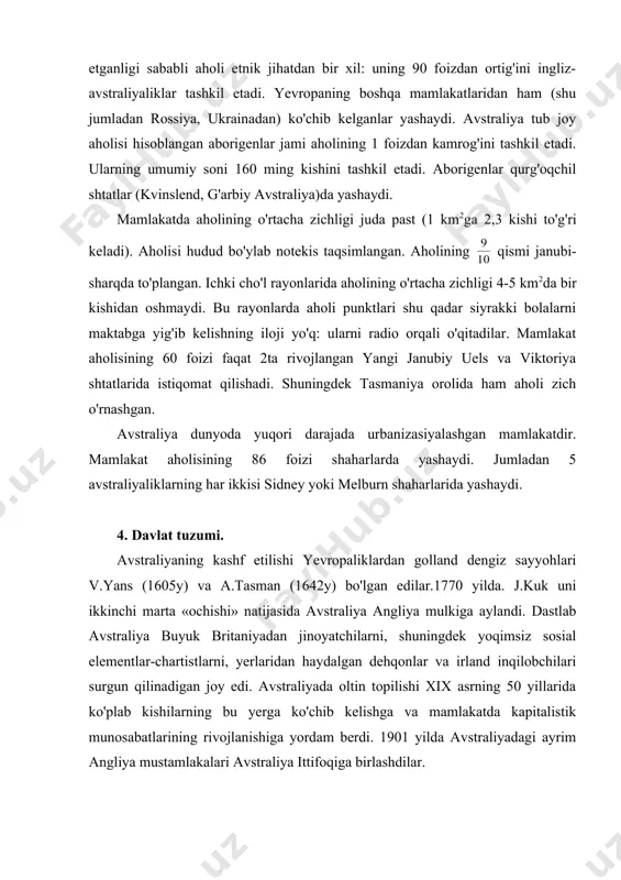 katda kapitalistik munosabatlarining rivojlanishiga yordam berdi. 1901 yilda avstraliyadagi ayrim angliya mustamlakalari avstraliya ittifoqiga birlashdilar. avstraliya 1931 yilda tashqi va ichki ishlarni yurgizib metropoliyadan to'la mustaqil ravishda boshqarish huquqini oldi. urushdan keyingi o'tgan 20 yildan ko'proq vaqt ichida mamlakatda hukumat tepasida eng yirik ikki partiya liberallar va agrar partiyasi hukmron kaolision hukumat turdi. avstraliya hamdo'stlik tarkibiga kiruvchi federal davlat. davlat boshlig'i buyuk britaniya qirolichasi, uning nomidan general gubernator ish yuritadi. general gubernator huzurida ijrochi kengash bor. qonun chiqaruvchi oliy organ senat va vakillar palatasidan iborat federal parlament ijro etuvchi hokimiyat formal jihatdan general-gubernator boshliq ijroiya kengashga qaraydi. amalda esa hokimiyatni bosh ministr boshliq hukumat amalga oshiradi. 5. xo'jaliga. avstraliya ko'pgina iqtisodiy ko'rsatgichlar bo'yicha, shu jumladan aholi jon boshiga yalpi ichki mahsulot ishlab chiqarish hajmi bo'yicha dunyoning rivojlangan mamlakatlar qatoriga kiradi. uning iqtisodiyotining jadal o'sishiga quyidagi omillar muhim rol o'ynadi. bular: 1) tarqoq hududlarning yagona bir mamlakatga birlashuvi. 2) xorijiy sarmoyaning …