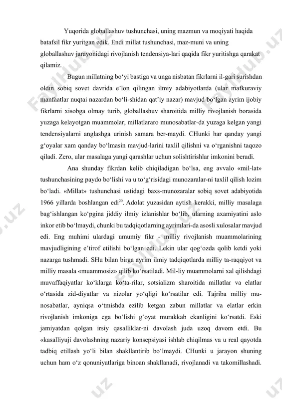yot va milliy masala «muammosiz» qilib ko‘rsatiladi. mil-liy muammolarni xal qilishdagi muvaffaqiyatlar ko‘klarga ko‘ta-rilar, sotsializm sharoitida millatlar va elatlar o‘rtasida zid-diyatlar va nizolar yo‘qligi ko‘rsatilar edi. tajriba milliy mu-nosabatlar, ayniqsa o‘tmishda ezilib ketgan zabun millatlar va elatlar erkin rivojlanish imkoniga ega bo‘lishi g‘oyat murakkab ekanligini ko‘rsatdi. eski jamiyatdan qolgan irsiy qasalliklar-ni davolash juda uzoq davom etdi. bu «kasalliyuji davolashning nazariy konsepsiyasi ishlab chiqilmas va u real qayotda tadbiq etillash yo‘li bilan shakllantirib bo‘lmaydi. chunki u jarayon shuning uchun ham o‘z qonuniyatlariga binoan shakllanadi, rivojlanadi va takomillashadi. shu ma’noda milliy rivojlanish g‘oyasida demok-ratik qadriyatlarni rivojlantirish vazifalari hamda ularni amaliyotga tadbiq qilish jarayonlari umume’tirof etilgan mezon-lar talabiga mosligi hamda unga millatimizning o‘ziga xos men-taliteti, urf-odat, an’ana va qadriyatlari mujassam bo‘lishiga asosiy e’tibor qaratilishi lozim bo‘ladi. bugun demokratik jarayonlar rivojlanishi borasida katta yutuqlar qo‘lga kiritilishiga qaramasdan bozor munosabatlari-ning jadal rivojlanishiga mos ravishda rivojlanmayotganligi, uning sabablari, muammolari, ularni hal qilish imkoniyatlari -milliy rivojlanish g‘oyasining …