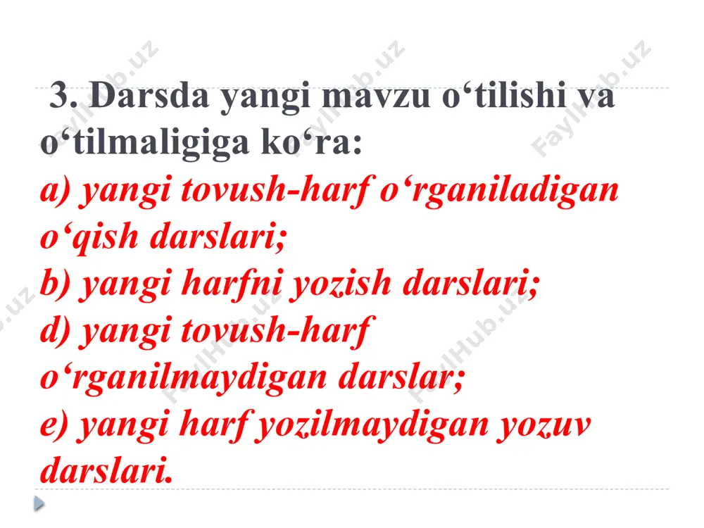 ola — hilola, qovoq — tovoq va boshq. 5. so‘z bo'g'inlaridan yoki harflardan birini olib tashlab, yangi so‘z hosil qilish va uni o‘qish: noila — nola (yoki oila), guidon — don (yoki gul), ziyrak — zirak... 6. berilgan so‘zga -chi, -la, -zor qo'shimchalarini qo'shish va hosil bo'lgan yangi so'zning ma’nosini izohlash. misol: ish — ishchi, ishla; gul — gulchi, gulla, gulzor... 7. so'zga harf, bo'g'in yoki tutuq belgisi qo'shib, yangi so'z hosil qilish va uni o'qish: o‘t - o ‘tloq, bog‘ - bog‘bon, bil - bilim, sher - she’r… 8. berilgan chizma asosida so'zlar tuzish va ularni o'qib, ma’nosini izohlash. misol: bu chizma asosida qush-cha, do‘p-pi, ruchka kabi so'zlar tuziladi. o'yin tarzida olib boriladigan bu kabi ish turlari o'quvchilarning lug'atini boyitish bilan birga, o'qishga qiziqish uyg'otadi, imloviy sezgirlikni oshiradi va so'zning tovush tarkibi haqidagi tasavvurlarini kengaytiradi. gap ustida ishlash 1. o`qituvchi yoki o`quvchilardan biri aytgan gapni o`quvchilarning xattaxtada chizma shaklida …