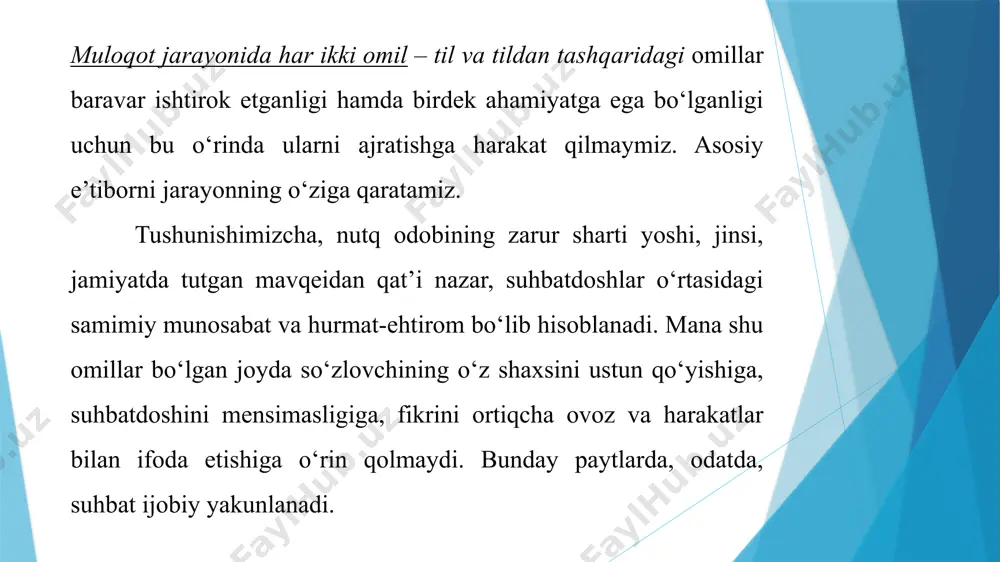 ning mantiqiyligi uning asosiy sifatlari – aniqlik va to‘g‘rilik bilan chambarchas bog‘liq. chunki grammatik jihatdan to‘g‘ri tuzilmagan nutq mantiqning buzilishiga olib keladi. manitqiy izchillikning buzilishi esa tinglovchi va o‘quvchiga aytilayotgan fikrning to‘g‘ri yetib bormasligi, ba’zan umuman tushunilmasligiga olib keladi. bunda so‘zlovchi yoki yozuvchidan tilni yaxshi bilishdan tashqari keng dunyoqarashga, mulohaza yuritayotgan mavzu doirasida chuqur bilimga ega bo‘lishi talab etiladi. nutq mantiqiyligining asosiy sharti – bu leksik-semantik va sintaktik normaga amal qilishdir. so‘z tartibiga amal qilish ham muhim. xullas, yaxlit bir tizimda, fikriy izchillikda tuzilgan nutqni mantiqiy nutq deb atash mumkin. yuqorida ta’rifi keltirilgan sifatlar orqali har qanday o’qituvchining nutqi ta’sirchan va darsi unumli o’tadi e’tiboringiz uchun rahmat! /docprops/thumbnail.jpeg