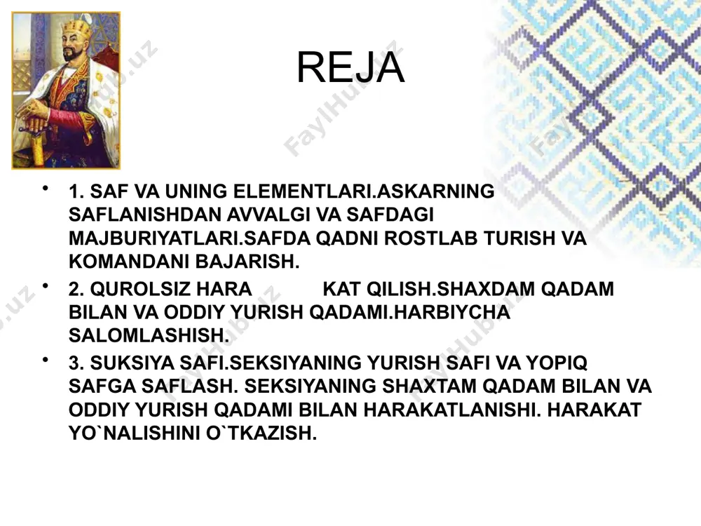 da bo'linmalar bir yoki ikki sherengaga yoki kolonnalar liniyasiga nizom yoki komandir belgilab qo'ygan oraliq masofani saqlagan holda tiziladi. yoyiq saf tekshirish, hisob-kitob, ko'rik ishlari, parad, shuningdek, boshqa zarur hollarda qo'llaniladi. yurish safi — bunda seksiya kolonnaga tiziladi yoki seksiyalar nizom yoki komandir belgilab qo'ygan oraliq masofani saqlagan holda kolonnalarga tiziladi. yurish safi seksiyalarning marshni bajarishi, tantanali marsh va ashula bilan o'tishi kabi bir joydan ikkinchi joyga ko'chishi, shuningdek, boshqa zarur hollarda qo'llaniladi. yurish safi komandalar komandalar: “dastlabki bajariluvchi komandalar” va “darhol bajariluvchi komandalarga “ bo’linadi: 1. dastlabki bajariluvchi komandalar: ogohlantiruvchi, tayyorlovchi komandalar bo’lib, darhol bajariluvchi komandalardan oldin kelib ularga tayyorlaydi. dastlabki bajariluvchi komandalar kichik harflar bilan yozilgan va cho’zib aytiladi. masalan: shaxdam qadam------bos, o’ng----ga, chap----ga, ort----ga va hokazo. 2. darhol bajariluvchi komandalar: dastlabki bajariluvchi komandalardan keyin ba’zi hollarda alohida kelishi mumkin. darhol bajariluvchi komandalar tez aytilib,tez bajariladi va ular katta harflar bilan yoziladi. masalan: qadam---bos, o’ng---ga, chap---ga, ort---ga, «saflan», …