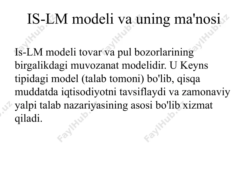an pastda joylashgan daromadning qiymati y2 ga teng, bu s2 ning chiqarilish qiymatiga to'g'ri keladi va foiz stavkasi r1 ga teng, bu i1 in'ektsiyasining qiymatiga to'g'ri keladi. i1 > s2 bo'lgani uchun, bu in'ektsiya ko'proq olib tashlashni anglatadi, ya'ni xarajatlar daromaddan (ishlab chiqarishdan) oshib ketadi, shuning uchun talab ko'proq taklifdir. shunday qilib, is egri chizig'idan past bo'lgan barcha nuqtalarda tovarlarga ortiqcha talab mavjud (excess demand for goods – edg). egri chiziq (is) 12 12 12 12 12 is egri chizig'ining qiyaligi pasayadi (u soat yo'nalishi bo'yicha aylanadi va yumshoqroq bo'ladi). is egri chizig'i yumshoqroq bo'ladi, agar: avtonom xarajatlarning foiz stavkasiga (b) sezgirligi katta, ya'ni foiz stavkasining ozgina o'zgarishi ham avtonom xarajatlarning va shuning uchun daromadning sezilarli o'zgarishiga olib keladi; xarajatlar multiplikatori (ka) katta va cheklovni olib tashlash darajasi (mlr) kichik,agar nima bo'lishi mumkin: iste'molga nisbatan marginal moyillik katta; b) marginal soliq stavkasi kichik; v) importga nisbatan marginal moyillik kichik. 13 …