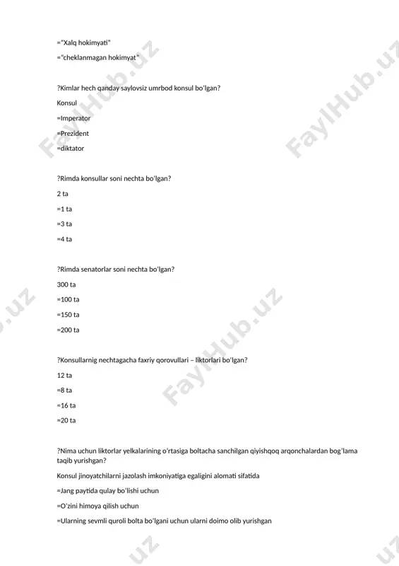 =hayvon o’rgatuvchilar ?gladiatorlar qayerda ta’lim olar edilar? maxsus yopiq maktablarida =qamoqxonalarda =harbiy tayyorgarlik vaqtida =sport musobaqalarida ?gladiatorning hayot-mamoti kimlarga bog’liq edi? tomoshabinlar xohish istagiga =quldorlarga =konsullarga =eng kuchli gladiatorga ?agar tomoshabinlar o’ng qo’lining bosh barmog’ini yuqoriga ko’tarsa…? yengilgan gladiator tirik qolar =yengilgan gladiatorlar tomoshabinlar ko’z o’ngida o’ldirilardi =gladiatorlar jangi yana davom ettirilardi =jang to’xtatilar edi ?aksincha tomoshabinlar o’ng qo’li bosh barmog’ini pastga qaratsa…? yengilgan gladiatorlar tomoshabinlar ko’z o’ngida o’ldirilardi =yengilgan gladiator tirik qolar =gladiatorlar jangi yana davom ettirilardi =jang to’xtatilar edi ?janglar qayerda bo’lib o’tardi? amfiteatrda =stadionlarda =harbiy maktablarda =teatr tomoshalarida ?kolizeyga qancha tomoshabin siqqan edi? 50000 =30000 =40000 =60000 ?gladiatorlar qanday qurollar bilan kurashganlar? biri qilich va qalqon bilan,boshqasi esa to’r va changak bilan =biri qilich va qalqon bilan boshqasi qurolsiz tushgan =biri to’r va changak bilan boshqasi qilich, nayza bilan =biri xanjar va qalqon boshqasi to’r va changak bilan ?gladiatorlarning olishuvlari qanday hayvonlar bilan ham o’tkazilgan? yovvoyi arslonlar,qoplonlar,darg’azab …