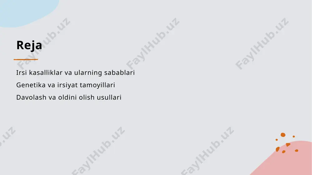 rdam beradi. genetik irsiyat: kasalliklarning avlodlarga o'tishi va uning mexanizmlari. 01 genetik irsiyat genetik irsiyat, ota-onalardan avlodlarga o'tadigan genetik materialning uzatilishini anglatadi. bu jarayon, hujayralar orqali amalga oshadi va xromosomalar orqali boshqariladi. 02 gen mutatsiyalari gen mutatsiyalari, irsiy kasalliklarning paydo bo'lishiga olib kelishi mumkin. ular genetik materialning o'zgarishi natijasida yuzaga keladi va avlodlarga o'tishi mumkin. 03 irsiy kasalliklar irsiy kasalliklar, genetik o'zgarishlar natijasida avlodlarga o'tadigan kasalliklardir. misollar sifatida, hemofiliya va mukovissidoz ko'rsatilishi mumkin. 04 mexanizmlar kasalliklarning avlodlarga o'tishi mexanizmlari, genlar, gen mutatsiyalari va irsiy xususiyatlarning kombinatsiyasi orqali amalga oshadi. bu jarayon murakkab tarmoqni tashkil etadi. irsi kasalliklarning genetik asoslari va ularning tarqalishiga ta'siri. 1 irsi kasalliklar va genetik asoslar irsi kasalliklar, genetik material orqali avlodlarga o'tadigan kasalliklar bo'lib, dna mutatsiyalari va genetik o'zgarishlar natijasida yuzaga keladi. 2 tarqalish mexanizmlari irsi kasalliklarning tarqalishi, genetik irsiyat, atrof-muhit va oilaviy tarixga bog'liq bo'lib, ularning tarqalishini aniqlovchi asosiy omillardir. 3 o'zbekistondagi holat o'zbekistonda irsi …