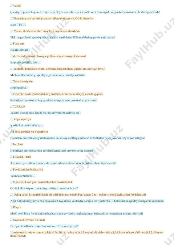 : smtp, pop yoki imar kalit taqsimlashda ko’proq nimalarga e`tibor beriladi? j: tez, aniq va maxfiyligiga agar subyektning xavfsizlik darajasi obyektning xavfsizlik darajasida bo‘lsa, u holda qanday amalga ruxsat beriladi. j: yozish qanday xujumda hujumchi mijozlarga, foydalanuvchilarga va tashkilotlarda mavjud bo‘lgan biror xizmatni cheklashga urinadi? j: xizmatdan voz kechishga undash (denial of service, dos) hujumlari kalit – bu … j: matnni shifrlash va shifrini ochish uchun kerakli axborot elektr signallarini qabul qilish va uzatish vazifalarini osi modelining qaysi satxi bajaradi j: fizik satx blokli shifrlash-: j: shifrlanadigan matn blokiga qo’llaniladigan asosiy akslantirish kriptobardoshlilik deb … j: kalitlarni bilmasdan shifrni ochishga bardoshlilikni aniqlovchi shifrlash tavsifi ma’lumotlar butunligi qanday algritmlar orqali amalga oshiriladi j: xesh funksiyalar kriptografiya – j: axborotni qayta akslantirishning matematik usullarini izlaydi va tadqiq qiladi keltirilgan protokollarning qaysilari transport satxi protokollariga mansub j: tcp,udp tekstni boshqa tekst ichida ma’nosini yashirib keltirish bu -: j: steganografiya yaxlitlikni buzilishi bu -: …