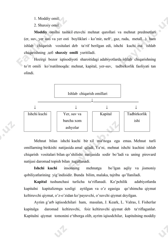 mda uni qiymat ko’rinishidan iborat deb qarab, uni bozor iqtisodiyoti sharoitida kapital deb ishlatiladi. kapital o’z egalariga daromad keltiradigan ishlab chiqarish va xizmat ko’rsatishning hamma sohalarida ishlatiladigan ishlab chiqarish vositalarini, sotishga tayyor turgan tovarlarni, yangi vositalar va ishchi kuchini sotib olishga mo’ljallangan pul mablag’laridan iboratdir. “kapital” moddiy va qiymat ko’rinishiga ega bo’lgan iqtisodiy tushunchadir. tadbirkor - iqtisodiy resurslar, ya‘ni ishlab chiqarish vositalari va ishchi kuchi resurslarining, tabiiy resursining bir-biriga qo’shilishini ta‘minlaydigan, tashkilotchi, yangilikka intiluvchi, iqtisodiy va xavf-xatardan, javobgarlikdan qo’rqmaydigan kishidir. barcha resurslarni harakatga keltirish tadbirkorlik qobiliyati deb yuritiladi. 2-savol. ishlab chiqarish jarayonining mazmuni. ishlab chiqarish jarayoni - bu insonlarning o’z iste‘mollari uchun zarur bo’lgan moddiy va nomoddiy ne‘matlarni ishlab chiqarishga yo’naltirilgan maqsadga muvofiq bo’lgan faoliyatlar majmuasidir. ishlab chiqarish bu kishilarning real mehnat faoliyatidir. ishlab chiqarish moddiy ishlab chiqarish va xizmat ko’rsatish sohalariga bo’linadi. moddiy ishlab chiqarish sohalariga (sanoat, qishloq xo’jaligi, qurilish va boshqalar) zaruriy moddiy ne‘matlar yaratiladi, xizmat ko’rsatish sohalarida …