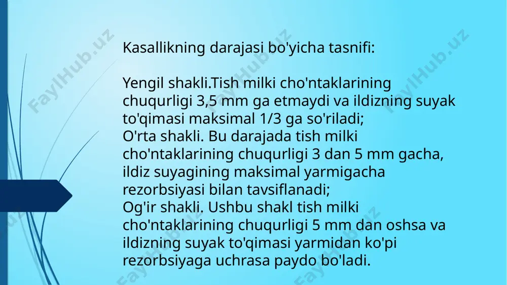 hlarning harakatchanligini pasaytiradi.uning tuzilishidagi qattiqligi tishlarning bo'shashishiga yo'l qo'ymaydi, bu tish tebranishlari amplitudasining yanada oshishi va ularning yo'qolishi ehtimolini kamaytiradi. taxtakach samaradorligi tishlar soniga bog'liq. tishlar qancha ko'p bo'lsa, uning ta'siri shunchalik katta bo'ladi. u tishlarga yukni qayta taqsimlaydi. chaynash paytida asosiy yuk sog'lom tishlarga tushadi. bo'shashgan tishlar ta'sirga nisbatan kamroq sezgir bo'ladi, bu esa qo'shimcha davo ta'sirini ta'minlaydi. taxtakachga qancha sog'lom tishlar kiritilsa, harakatchan tishlarning stabilizatsiyasi shunchalik aniq bo'ladi. shuning uchun, agar og'izdagi tishlarning ko'p qismi bo'shashsa, taxtakach samaradorligi pasayadi. e'tiboringiz uchun rahmat image1.jpeg image2.jpeg image3.jpeg
