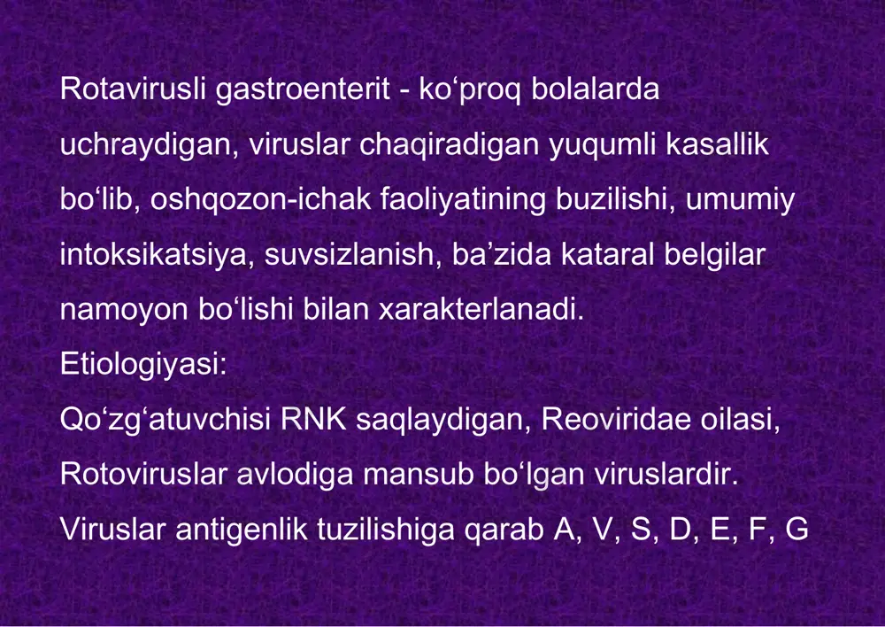 spital infeksiya” tarzida namoyon bo‘ladi. ma’lumki, yug‘on ichak ekskretor a’zo hisoblanadi. u organizmdan organik va noorganik tabiatga ega turli zaxarlarni shuningdek, moddalar almashinuvi maxsulotlarini ajratib chiqaradi. klinikasi: rotaviruslarni tashuvchilar oziq-ovqat korxonalarida ishlasalar, sanitariya- gigiena qoidalariga rioya qilmasalar oziq-ovqat mahsulotlarini zararlashi va shu sababli kasallikni tarqatishi mumkin. havo-tomchi yo‘li bilan yuqishi laboratoriyalarda tasdiqlangan. odamlarga ushbu yo‘l bilan yuqishi taxmin (faraz) qilinadi. chunki ba’zi bemorlarning yuqori nafas yo‘llaridan rotaviruslar ajratilgan. ich ketar kasalligi bilan bir vaqtda yuqori nafas yo‘llari kasalligiga chalingan bolalarning burun-xalqum shillig‘ida 76,3% holatlarda rotaviruslar ajratilgan. bolalarda rotavirusli gastroenteritlarning epidemik avj olishi, doimo ularda o‘tkir respirator kasalliklar ko‘paygan paytda kuzatiladi. shuning uchun ham rotavirusli gastroenteritlarning mavsumiylik xususiyati, kasallikning havo-tomchi yo‘li bilan ham yuqishi mumkinligini izohlaydi. enetrovirusli infeksiyani aloxidalangan va kombinatsiyalashgan turlari mavjud bo‘lib, erta yoshdagi bolalarda ogir xamda kombinatsiyalashgan turlari uchraydi va klinikasida kataral va gastroenteritik shakli birinchi urinda turadi. 3 yoshdan katta bolalarda seroz meningit tarmogi ortib boradi. yashirin …