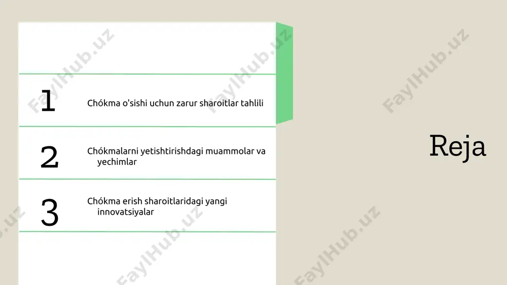 h jarayoni yorug'lik chókma o'sishi uchun muhim ahamiyatga ega. u o'simliklarning fotosintez jarayonini ta'minlaydi, bu esa o'simliklarning ozuqa ishlab chiqarish va energiya to'plashini imkonini beradi. yorug'lik energiyasi o'simliklar o'sishi uchun zarur bo'lgan asosiy omil sifatida tan olinadi. fotosintez jarayoni quyidagi asosiy bosqichlardan iborat: 1. yorug'lik energiyasini qabul qilish; 2. suv va karbonat angidridni ishlatish; 3. ozuqa va kislorod ishlab chiqarish. bu jarayon chókma o'simliklarining sog'lom o'sishi va rivojlanishi uchun juda muhimdir. oziqlanish va suv ta'minoti chókmalarning o'sishi uchun oziq moddalar va suvning taqsimlanishi juda muhimdir. oziqlanish o'sish jarayonlariga bevosita ta'sir qiladi, chunki o'simliklar kerakli elementlarni olish orqali energiya ishlab chiqaradi va o'sish tezligini oshiradi. to'g'ri oziqlanish o'simliklarning salomatligini ta'minlaydi, ularni iqlim va tuproq sharoitlariga qarshi kuchliroq qiladi. suv esa oziq moddalarining o'simliklarga yetkazilishida va fotosintez jarayonida muhim rol o'ynaydi. photo by jazmin quaynor on unsplash chókma o'sishida innovatsiyalar innovatsion texnologiyalar va ularning ta'siri chókma o'sishida innovatsion yondoshuvlar muhim rol o'ynaydi. …