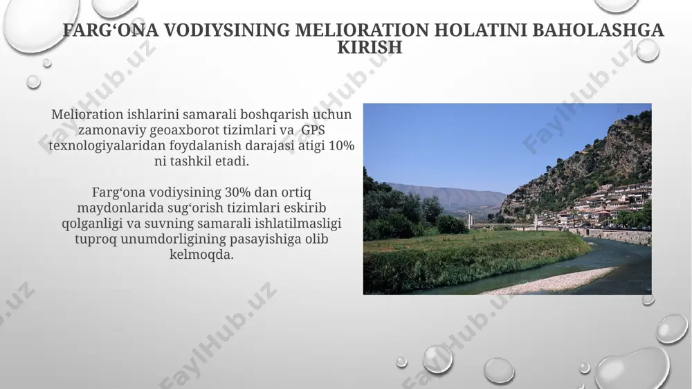 shi kuzatilgan. melioration tizimini takomillashtirish yoʻllari fergana vodiysida 1000 ga yaqin eski sug'orish tizimlarini zamonaviylashtirish orqali suv resurslaridan samarali foydalanishni 20% ga oshirish mumkin. qishloq xo'jaligi ekinlarining suv iste'moli ko'rsatkichlarini 15% ga kamaytirish uchun tomchilab sug'orish texnologiyalarini joriy etish va agrotexnik tadbirlarni optimalizatsiya qilish zarur. zamonaviy texnologiyalarni qoʻllash precision agriculture texnologiyalari, jumladan, sensorlar va dronlardan olingan ma'lumotlarni tahlil qilish orqali, o'g'it va suv resurslaridan 30% gacha tejash imkoniyati mavjud. geostasionar sun'iy yo'ldoshlardan olingan ma'lumotlar va gis texnologiyalaridan foydalanib, 5000 ga yaqin yer uchastkalarining unumdorligi tahlil qilinib, tuproqning meliorativ holatini aniqlash mumkin. sugʻorish tizimlarining holati gravitatsion sug'orish tizimlari umumiy maydonning 60% ini egallaydi, ammo ularning samaradorligi past, o'rtacha suv sarfi 1 ga 7-8 m³ ni tashkil etadi. fergana vodiysida sug'orish tizimlarining 30% dan ortig'i eskirgan va modernizatsiyaga muhtoj, bu suv resurslarining 15% gacha yo'qotilishiga olib keladi. ekin maydonlarining melioration holati ekin maydonlarining taxminan 10% qismida tuproq shoʻrlanishi va botqoqlanish jarayonlari kuzatilmoqda, …