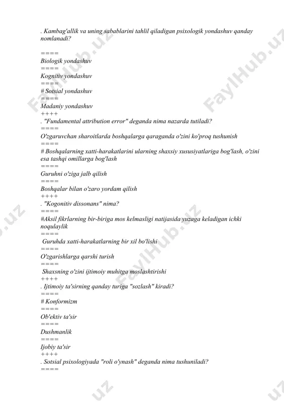 i o'zgartirsa, bu qanday hodisa hisoblanadi? ==== o'zgarish ==== koalitsiya ==== # guruh bosimi ==== hissiy reaktsiya ++++ . "taqsimot effektini" kim kashf qilgan? ==== solomon asch ==== leon festinger ==== # john darley va bibb latane ==== kurt lewin ++++ . sotsial psixologiyada "atributsiya nazariyasi" qaysi jarayonni o'rganadi? ==== # shaxslarning o'z xatti-harakatlariga qanday sabablar izlashlarini ==== guruhda rahbarlarning qanday qarorlar qabul qilishlarini ==== odamlarning ruhiy holatlarini qanday baholashlarini ==== a'zolar orasidagi munosabatlarni qanday tuzishlarini ++++ . "narcissizm" tushunchasi nima? ==== # o'ziga yuqori baho berish va boshqalarni past baholash ==== o'zini jamiyatdan izolyatsiya qilish ==== o'zini boshqalarga yordam berishga bag'ishlash ==== guruh manfaatlari uchun kurashish ++++ . sotsial psixologiyada "guruh dinamikasi" qanday ta'riflanadi? ==== guruhning shaxsga ta'siri ==== # guruhdagi insonlarning o'zaro aloqalari va o'zgarishi ==== guruhda individual qarorlarni qabul qilish ==== guruh ichidagi nizo va raqobat ++++ . "kult" yoki "sekta"lar qanday xususiyatlarga ega bo'lishi mumkin? ==== …