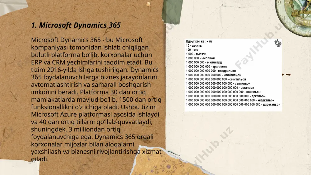 iradi. u omborxona hisobotlari, buyurtma boshqaruvi va zaxiralar darajasini kuzatish imkoniyatlarini taʼminlaydi. 4. **sotuv boshqaruvi**: tizim savdo fakturalarini avtomatik yaratish va mijozlar bilan hisob-kitob qilish imkoniyatini taklif etadi. bu biznesning tezkor va samarali ishlab borishini taʼminlaydi. 5. **xodimlar boshqaruvi**: tally erp kadrlar hisobotlarini yaratish, xodimlar bilan hisob-kitoblar va ish haqi jarayonlarini boshqarishga yordam beradi. bu xodimlar ma'lumotlarini yagona bazada saqlash imkoniyatini beradi. ... t.me/slaydai_bot 1c:enterprise — bu biznes jarayonlarini avtomatlashtirishga mo‘ljallangan dasturiy platforma bo‘lib, u ko‘plab korxonalarda foydalaniladi. u dastlab rossiyada ishlab chiqilgan va uyushma-buxgalteriya, omborxona hisoboti, savdo boshqaruvi kabi ko‘plab sohalarda qo‘llaniladi. platforma moslashuvchanligi tufayli turli o‘lchamdagi korxonalar uchun mos keladi. 1c:enterprise o‘z ichiga 30 dan ortiq yechimlarni oladi va 150,000 dan ortiq tashkilotlar tomonidan qo‘llaniladi. har yili u millionlab yechimni yangilaydi va o‘zbekiston bozorida ham ommalashgan. 1c dasturiy ta'minoti foydalanuvchilariga moliyaviy hisob-kitoblar va ma'lumotlarni boshqarish imkoniyatini taqdim etadi va biznesni samarali boshqarishga yordam beradi. ... t.me/slaydai_bot 7. quickbooks …