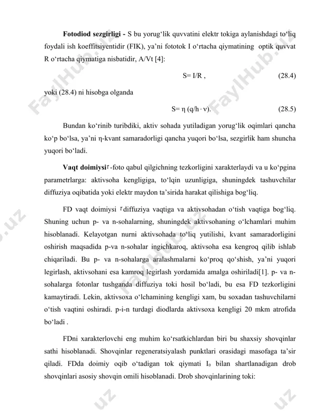 hganda, p-sohadagi yuqori elektr maydon kuchlanganligi tufayli ular tezlashadi. p-sohani o‘tkazuvchanlik zonasida tezlashgan va yetarlicha energiyaga ega bo‘lgan bu dastlabki elektronlarni atomlar bilan urilishidan, ya’ni zarb ionlanish tufayli yangi elektron-kovak juftliklari hosil bo‘ladi. natijada dastlabki elektron-kovak juftligi hosil qilgan elektr toki ko‘chkisimon tarzda oshadi. 28.5-rasm. π-sohali ko‘chkisimon fd tuzilishi va elektr maydonning taqsimlanishi. 28.5-rasmda π-sohali ko‘chkisimon fd da elektr maydoni quyidagicha taqsimlangan: 1- egri chiziq elektr maydon o‘tish doirasida va ko‘chkisimon ko‘payish yuzaga kelgan xolatga mos keladi; 2- egri chiziq elektr maydon p-soha chekkasiga yetgan xolatni bildiradi; 3- egri chiziq elektr maydon π-sohaga kirganligini ko‘rsatadi va shu sohada generatsiyalanadigan tashuvchilarni ajratadigan maydon yaratiladi. optik signalni qabul qiluvchi modul (oqqm) toa tizimining muhim elementi hisoblanadi. uning vazifasi toladan qabul qilingan optik signalni elektr signaliga aylantirish bo‘lib, so‘ng bu signallarga elektr qurilmalar yordamida ishlov beriladi. oqqmni soddalashtirilgan blok sxemasi 6.6-rasmda ko‘rsatilgan. uning asosiy elementlari: - foto qabul qilgich (p-i-n fd yoki ko‘chkisimon …