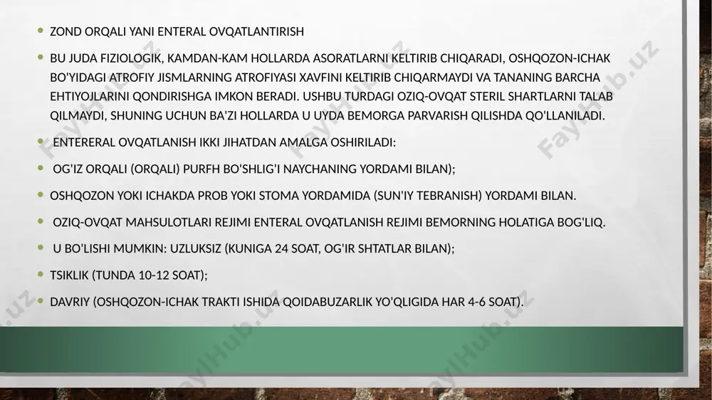 r. alohida mahsulotlar keskinlashtiriladi va aralashaning tabiatini hisobga olgan holda suyuqlik bilan suyultiriladi ( qaynatilgan suv, bulyon, choy, sabzavot nurlari, sut, sharbat va boshqalar). sovuq va issiq taomlarni va ichimliklarninazorat qiling bu yerda---- enteral, tomchilatib,zond orqali ovqatlantirish usullari keltirilgan. image3.jpg image4.jpg image5.jpg image6.gif /docprops/thumbnail.jpeg