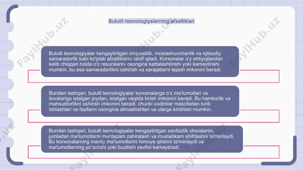 nlashtiradi. bulutli saqlash yechimlari bulutli saqlash echimlari korxonalarga o'z ma'lumotlarini saqlash va ularga kirishning xavfsiz va kengaytiriladigan usulini taqdim etadi. bulutli saqlash bilan korxonalar fayllarni istalgan joydan, istalgan vaqtda osongina saqlashi va olishi mumkin. bundan tashqari, bulutli saqlash yechimlari ma'lumotlarning har doim mavjud va himoyalangan bo'lishini ta'minlab, ortiqcha ma'lumotlar zaxira nusxalarini taklif qiladi. 1 2 3 bulutli xavfsizlik bulutli texnologiyalardan foydalanishda bulut xavfsizligi muhim ahamiyatga ega. bu bulutli muhitda ma'lumotlar, ilovalar va infratuzilmani himoya qilishni o'z ichiga oladi. bulutdagi ma'lumotlar xavfsizligini ta'minlash uchun turli xil xavfsizlik choralari mavjud, masalan, shifrlash, kirishni boshqarish va muntazam tekshiruvlar. ammo shuni ta'kidlash kerakki, bulut xavfsizligi bulutli xizmat ko'rsatuvchi provayder va foydalanuvchi o'rtasidagi umumiy mas'uliyatdir va ikkala tomon ham ma'lumotlar xavfsizligini ta'minlash uchun choralar ko'rishi kerak. bulutli migratsiya strategiyalari bulutli migratsiya strategiyalari mahalliy infratuzilmadan bulutli xizmatlarga muvaffaqiyatli va samarali o'tishni ta'minlash uchun zarurdir. tashkilotlar ko'rib chiqishi mumkin bo'lgan bir nechta strategiyalar mavjud, jumladan, ko'tarish va …