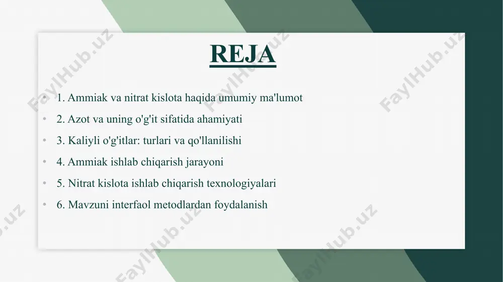 t o'simliklar uchun tezda mavjud bo'lgan azotni taqdim etadi. azotning o'g'it sifatidagi roli azot o'simliklar uchun muhim element bo'lib, ularning o'sishi va rivojlanishi uchun zarur. o'simliklar azotni asosan ammiak va nitrat shaklida qabul qiladi. azotli o'g'itlar, masalan, ammiakli selitra, o'simliklarning fotosintez jarayonida muhim rol o'ynaydi va ularning mahsuldorligini oshiradi. azotli o'g'itlarning turlari azotli o'g'itlar uch xil asosiy turga bo'linadi: ammiakli, nitratli va urea. har bir turi o'simliklar tomonidan turlicha qabul qilinadi va ularning o'sishiga turlicha ta'sir ko'rsatadi. ammiakli o'g'itlar tez ta'sir ko'rsatadi, nitratli o'g'itlar esa uzoq muddatli ta'sirga ega. tushunchalar tahlili metodi tushuncha ta’rif misol azotli o’g’itlar o’z tarkibida azot ( n ) saqlovchi mineral o’g’itlar ammoniy selitra , karbamid, ammiakli suv kaliyli o’g’itlar kaliy (k) elementini o’zida saqlovchi mineral o’g’itlar kaliy xlorid , kaliy sulfat fosforli o’g’itlar fosfor saqlovchi o’g’itlar , o’simlik ildizi rivojlanishida muhim superfosfat , ammafos , fosforit uni ammafos azot va fosforni birgalikda saqlovchi kompleks o’g’it …