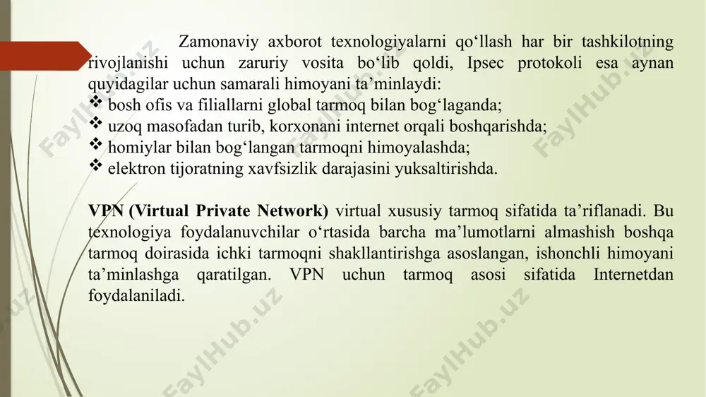 siz kirishni aniqlash tizimiga (host intrusion detection system) bo‘linadi. ids tizimlari arxitekturasi tarkibiga quyidagilar kiradi: himoyalangan tizimlar xavfsizligi bilan bog‘liq holatlarni yig‘ib tahlillovchi sensor qism tizimi; sensorlar ma’lumotlariga ko‘ra shubhali harakatlar va hujumlarni aniqlashga mo‘ljallangan tahlillovchi qism tizimi; tahlil natijalari va dastlabki holatlar haqidagi ma’lumotlarni yig‘ishni ta’minlaydigan omborxona; ids tizimini konfiguratsiyalashga imkon beruvchi, ids va himoyalangan tizim holatini kuzatuvchi, tahlil qism tizimlari aniqlagan mojarolarni kuzatuvchi boshqaruv konsoli. bu tizim ikkita asosiy sinfga ajratiladi. tarmoqqa ruxsatsiz kirishni aniqlash tizimi (network intrusion detection system) va kompyuterga ruxsatsiz kirishni aniqlash tizimiga (host intrusion detection system) bo‘linadi. tarmoqqa ruxsatsiz kirishni aniqlash tizimi (nids) ishlash tamoyili quyidagicha: 1. tarmoqqa kirish huquqiga ega bo‘lgan trafiklarni tekshiradi; 2. zararli va ruxsatga ega bo‘lmagan paketlarga cheklov qo‘yadi. sanab o‘tilgan xavfsizlik bosqichlarini qo‘llagan holda eavesdropping tahdidiga qarshi samarali tarzda himoyalanish mumkin. dos (denial-of-service) tarmoq hujumning bu turi xizmat qilishdan voz kechish hujumi deb nomlanadi. bunda hujum qiluvchi legal foydalanuvchilarning …