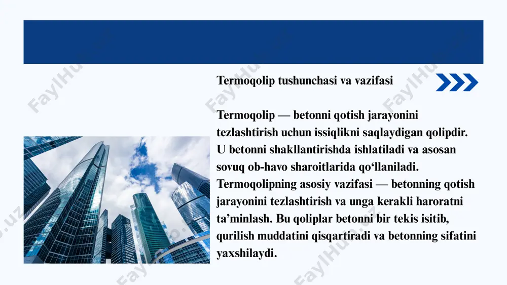 havoda ham samarali ishlaydi. biroq, xavfsizlik va texnik talablarga rioya qilish muhimdir. elektr tizimlarini faqat malakali mutaxassislar o‘rnatishi lozim, chunki noto‘g‘ri o‘rnatish xavf tug‘dirishi mumkin. foydalanilgan adabiyotlar: 1. ziyodov, sh. m. (2010). beton va temir-beton konstruksiyalarini ishlab chiqarish texnologiyasi. tashkent: o‘qituvchi. 2. mavlonov, s. s. (2015). beton va temir-beton konstruksiyalarining xususiyatlari. toshkent: qurilish nashriyoti. 3. egorov, g. a. (2013). beton texnologiyasi va uni ishlab chiqarish. moskva: stroyizdat. o‘shish image1.png image2.svg image3.png image4.svg image5.jpeg image6.jpeg image7.png image8.svg image9.jpeg image10.jpeg image11.png image12.svg image13.png image14.svg image15.png image16.png image17.svg /docprops/thumbnail.jpeg