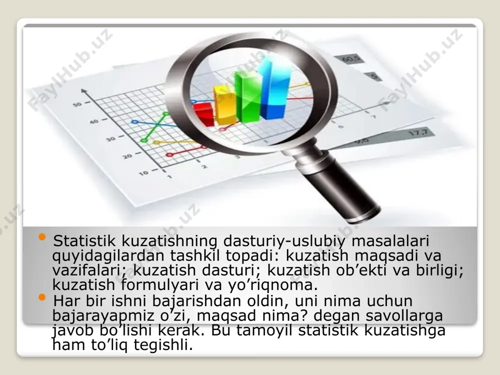 i xususiyatlarni olish uchun etarlicha ommaviy. ba'zi hollarda doimiy kuzatuv yagona mumkin emas (masalan, mahsulot sifatini tekshirishda). doimiy kuzatuv ob'ektning tabiati va tadqiqot vazifasiga qarab turli yo'llar bilan tashkil etilmaydi. doimiy bo'lmagan kuzatuvlarning 4 xil turlari ma'lum. - tanlab kuzatish; - asosiy massiv usuli; - monografik tavsiflash usuli; - so'rovnomani kuzatish.[ anketani kuzatishning mohiyati shundan iboratki, ma'lumot olish kerak bo'lgan shaxslar anketalarni to'ldirish va qaytarib yuborishni so'rab yuboradilar. agar anketalar kuzatuv populyatsiyasining barcha birliklariga yuborilsa ham, bu uzluksiz bo'lib chiqadi, chunki ular, qoida tariqasida, yuborilganidan ancha kam anketalarni qaytarib olishadi. statistik kuzatuv statistik kuzatish uni amalga oshirishning quyidagi asosiy uslubiy va amaliy bosqichlariga ega: - maqsadni konkretlashtirish va statistik tadqiqotlar vazifalarini shakllantirish; - kuzatuv dasturini va olingan statistik ma'lumotlarni ishlab chiqish dasturini tuzish; - tekshirilayotgan populyatsiyani cheklash (uning doirasini belgilash); - statistik asosni yaratish (tanlab kuzatish uchun - namuna olish asoslari), uning birligi va birligini aniqlash kuzatish; shunga ko'ra, statistik …