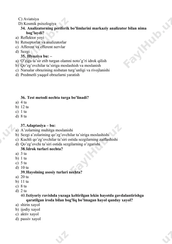 raning individual farqlarini ifodalab bering? a) esda uzoq vaqt saqlash darajasi b) ixtiyoriy esda olib qolish darajasi c) esda qoldirish va esdan chiqarish tezligi darajasi d) esda qoldirish, esda saqlash,esdan chiqarish tezligi darajasi 48. quyidagi qoidalardan qaysi biri tafakkur jarayoniga tegishli? a) voqelikni sezgi va idrok, tasavvurlar orqali aks ettirish b) tevarak atrofdagi narsa va hodisa, uning muxim belgi va xususiyatini, ular o’rtasidagi bog’lanish va munosabatni umumlashtirib aks ettirish c) narsa va hodisalarning ayrim sifat va xususiyatlarini aks ettirish d) oldin idrokqilishdan xosil bo’lgan tuyg’ular, fikrlar va muloxazalarni aks ettirish, 49. individning hissiy –aqliy, harakatlantiruvchi faollik darajasini oshirilishini taqozo etadigan tarzda ongning yo’naltirilganligi va bir narsaga qaratilganligi qanday bilish jarayoni hisoblanadi? e) idrok f) sezgi g) diqqat h) faoliyat 50. muloqot – bu a) kishi turmush tarzining faoliyatidan kam bo’lmagan bir tomoni b) kishining boshqa odamlar bilan munosabatda bo’lish formasi c) ikki yoki undan ko’proq kishilarning axborot almashishdagi o’zaro ta’siri …