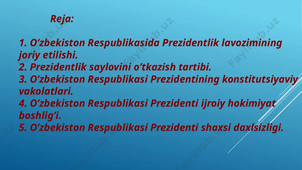 uliyat va strategik vazifalarni hal etish zaruratini yuklash barobarida uning keng vakolatlarga ega bo‘lishini taqozo etdi. prezident davlat va ayni vaqtda ijro etuvchi hokimiyat boshlig‘i sifatida islohotlarning tashabbuskori, yangilanish va o‘zgarishlar jarayonini harakatga keltiruvchi asosiy kuchga aylandi.