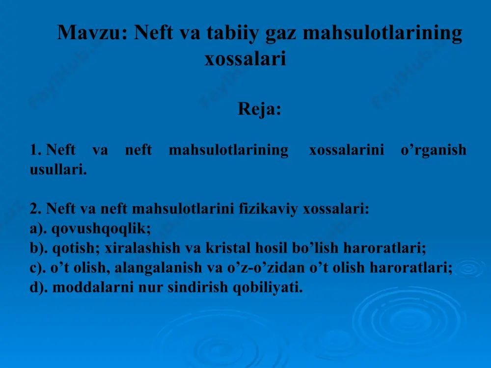 ik — suyuqlik (gaz)ning bir qismini ikkinchi qismiga nisbatan harakat qilayotgan vaqtda hosil bo’ladigan qarshilikdir. qovushqoqlik uch xil bo’ladi: dinamik, kinematik va shartli qovushqoqlik. dinamik qovushqoqlikni xalqaro miqiyosda birligi deb bir sekunddagi paskal (pa/s) qabul qilingan. bu suyuklikning 1 m2 ga teng ikki qatlamini bir biriga nisbatan 1 m/s tezlikda quyilgan 1n kuch ta’sirida 1 m ga surilganida sodir bo’lgan qarshilikka tengdir. dinamik qovushqoqlikka teskari birlik moddaning oquvchanligi deyiladi. kinematik qovushqoqlik — dinamik qovushqoqlikni aniqlayotgan haroratdagi moddaning zichligiga nisbatiga aytamiz, birligi m2/s. qovushqoqlikni ifodalayotgan vaqtda kinematik qovushqoqlik birligi keng ishlatiladi. neftni qayta ishlash tarmog’ida asosan shartli qovushqoqlik birligi ishlatiladi. shartli qovushqoqlik — ma’lum hajmdagi suv va neft mahsulotini oqib tushish vaqtlarini nisbatan yoki bo’lmasa neft mahsulotini standart idishdan oqib tushish vaqti qabul qilingan. mamlakatimizda 200 sm3 suvni 20°c haroratda oqib tushish vaqtini shu miqdordagi neft mahsulotini oqib tushish faktiga taqqoslash bilan belgilanadi. sanoatda qovushqoqlikni 50 va 100°c haroratlarda aniqlash qabul …
