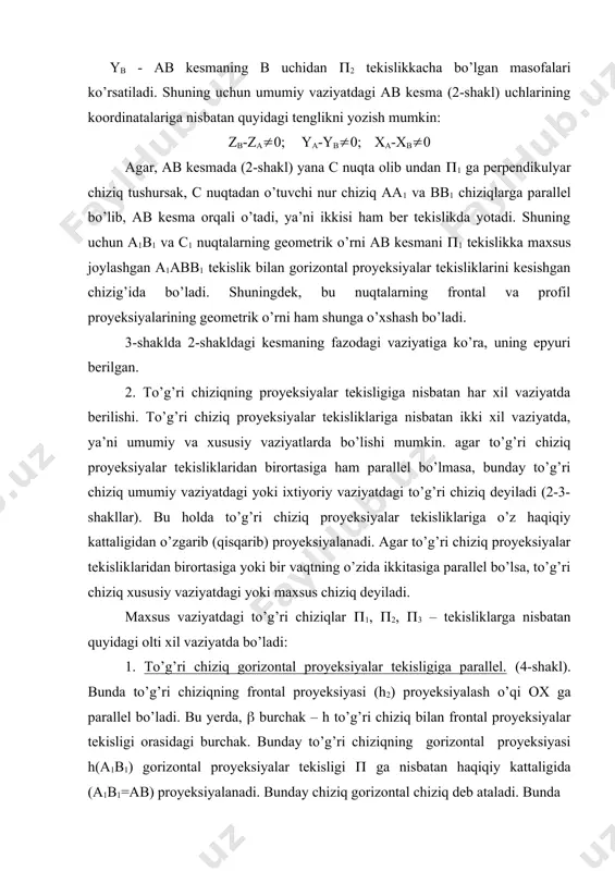 zontal proyeksiyalar tekisligiga parallel. (4-shakl). bunda to’g’ri chiziqning frontal proyeksiyasi (h2) proyeksiyalash o’qi ox ga parallel bo’ladi. bu yerda, ( burchak – h to’g’ri chiziq bilan frontal proyeksiyalar tekisligi orasidagi burchak. bunday to’g’ri chiziqning gorizontal proyeksiyasi h(a1b1) gorizontal proyeksiyalar tekisligi ( ga nisbatan haqiqiy kattaligida (a1b1=ab) proyeksiyalanadi. bunday chiziq gorizontal chiziq deb ataladi. bunda za-zb=0; ya-yb(0; xa-xb(0 2. to’g’ri chiziq frontal proyeksiyalar tekisligiga parallel joylashgan. bunday to’g’ri chiziq frontal to’g’ri chiziq deyiladi va u f(f1f2) bilan belgilanadi. frontal chiziqning hamma nuqtalari frontal proyeksiyalar tekisligi ((1) dan bir xil masofada bo’ladi. shuning uchun uning gorizontal proyeksiyasi (f1) ox o’qqa parallel bo’ladi. frontal chiziqning frontal proyeksiyasi (f2) o’zining haqiqiy kattaligi (f2=cd) bo’yicha proyeksiyalanadi, ya’ni c2d2=cd bo’ladi (5-shakl). ( burchak – f to’g’ri chiziq bilan gorizontal proyeksiyalar tekisligi orasidagi burchak. bunda: zd-zc(0; yd-yc=0; xc-xd(0 bo’ladi. 3. to’g’ri chiziq (p) profil proyeksiyalar tekisligiga parallel joylashgan. bu to’g’ri chiziq profil proyeksiyalar tekisligiga o’zining haqiqiy kattaligida …