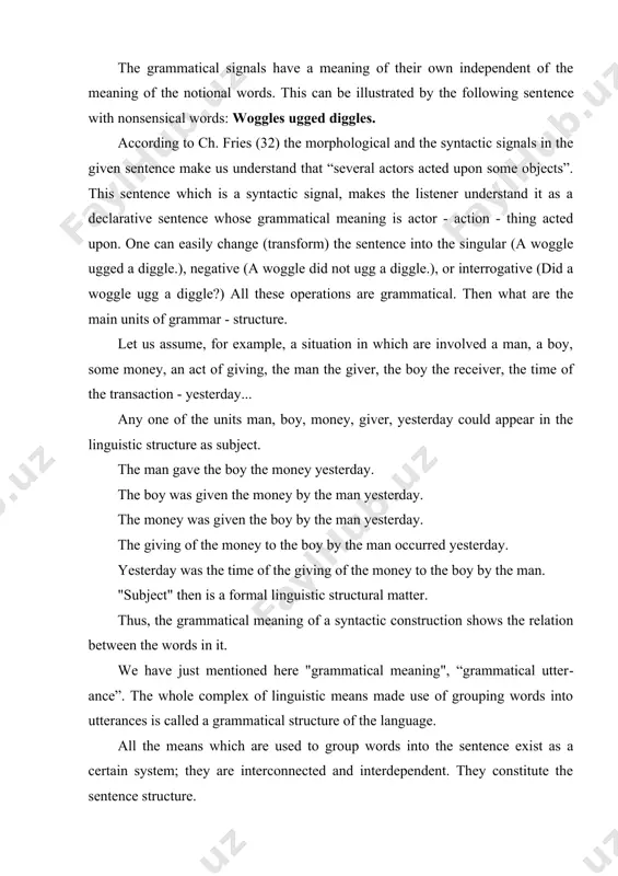ances is called a grammatical structure of the language. all the means which are used to group words into the sentence exist as a certain system; they are interconnected and interdependent. they constitute the sentence structure. all the words of a language fall, as we stated above, under notional and functional words. notional words are divided into four classes in accord with the position in which they stand in a sentence. notional words as positional classes are generally represented by the fol​lowing symbols: n, v, a, d. the man landed the jet plane safely nvand words which refer to class n cannot replace word referring to class v and vice versa. these classes we shall call grammatical word classes. thus, in any language there are certain classes of words which have their own positions in sentences. they may also be considered to be grammatical means of a language. so we …