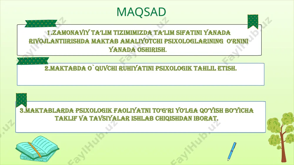 ta’lim vazirligi binega umumiy dastur bo’yicha o’qiy olmaydigan bolalarni tekshirish muammosi bilan murojaat qiladi va shu tariqa aqliy taraqqiyotda orqada qolgan bolalarni ajratadigan bine-simon testi yaratildi. 1909-yilda fransiyada maktab psixologik xizmati tashkil etiladi. t/r amaldagi holat (o‘zbekistonda) amaldagi holat (xorijda) taklif 1. maktablarda tugallanmagan oliy ma`lumotli kadrlar ham faoliyat yuritadi janubiy koreyada magistor darsajasidagi va xalq tan olgan psixologlar faoliyat olib bormoqda. maktablarda psixolog shtatiga xodimni ishga qabul qilishda uning bakalavr darajasidagi mutaxassis psixologni jalb qilish 2. maktab psixologi va ota - ona hamkorligi yetarlicha yo`lga qo`yilmagan ota-onalarda maktabdagi psixologik faoliyait haqida yetarlicha tushuncha mavjud emas aqsh da bundan yuz yillar oldin maktablarda psixologlar faoliyati yo’lga qo’yilgan xalq psixolog tushunchasiga ega maktab psixologlar doimiy ravshda har qaysi sinif ota-onalar yig`ilishlarida muntazam ishtiroki hamda psixologga muhtoj bo`lgan o`quvchilar ota -onalari bilan hamkorlikda faoliyat yuritishi zarur 3, maktablarda foydallanilayotgan psixologik testlarning asosiy qismi chet el mentaliteti asosida tayyorlangan. fransiyada o’qiy olmaydigan o’quvchilar …