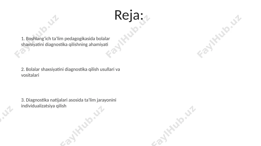 har bir guruh uchun pedagogik tavsiyalar ishlab chiqilishi zarur. diagnostika natijalarini talqin qilishda, 5 yoshgacha bo'lgan bolalarda 30 ta savolnoma natijalari samarqanddagi 15 ta maktabdan olingan ma'lumotlar bilan taqqoslanishi kerak. bolalar shaxsiyatining xususiyatlari bolalarning ijtimoiylashuv darajasi, ya'ni 10 kishilik guruhdagi o'zaro munosabatlari, ularning shaxsiyatining muhim ko'rsatkichi hisoblanadi va farg'ona viloyatidagi tajribalar shuni ko'rsatadiki, bu ko'rsatkich 8-10 yoshda ancha aniq shakllanadi. bolalar shaxsiyatining rivojlanishida 3 yoshgacha bo'lgan davr muhim ahamiyatga ega bo'lib, bu davrda asosiy xususiyatlar, masalan, qo'rqoqlik yoki jasurlik, samarqanddagi tadqiqotlarga ko'ra, 70% gacha genetik omillar bilan bog'liq. individual yondashuv va differensial taʼlim individual yondashuv va differensial taʼlim, 5-sinf oʻquvchilari bilan ishlashda, samarqanddagi 2 ta maktabda oʻtkazilgan tadqiqotlar shuni koʻrsatdiki, farqlovchi oʻqitish usullari oʻquvchilarning 30% da akademik natijalarni 15% ga oshirgan. individual yondashuv va differensial taʼlim buxoroda 3 yillik eksperiment natijalariga koʻra, 4-sinf oʻquvchilarining oʻqishga boʻlgan qiziqishini 25% ga, intizomini esa 12% ga oshirganini koʻrsatdi. oʻyin faoliyati orqali diagnostika bolalarning …