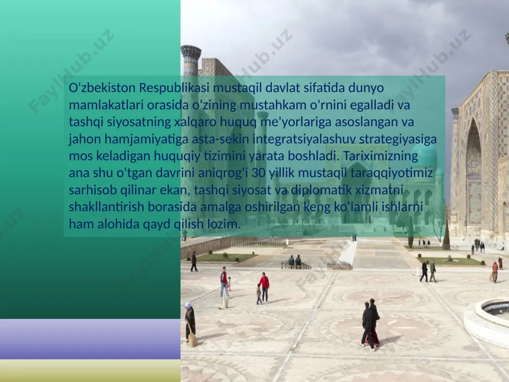 mkorlik tashkiloti, yevroosiyo iqtisodiy hamjamiyati, shanxay hamkorlik tashkiloti, mustaqil davlatlar hamdo'stligi, turkiy tilli davlatlar hamkorlik kengashi kabi nufuzli xalqaro tashkilotlar va qator ixtisoslashgan xalqaro tuzilmalar ishida faol ishtirok etib, mintaqaviy xavfsizlikni ta'minlash, markaziy osiyoda ekstremizm, terrorizmga qarshi kurash yadro qurolidan holi hudud barpo etish, narkotik moddalarning noqonuniy aylanishi bilan bog'liq, shuningdek, xalqaro hamjamiyat oldida turgan boshqa dolzarb muammolarni hal etish ishiga salmoqli hissa qo'shmoqda. markaziy osiyo davlatlari rahbarlarining muntazam uchrashuvlari o'tkazib kelinmoqda. turkmanistonda bo'lib o'tgan maslahat kengashida hamkorlikning yangi va istiqbolli yo'nalishlari belgilab olindi. so'nggi kunlarda afg'onistonda yuz berayotgan voqealarda o'zbekiston o'zining an'anviy tinchlikparvar siyosati bilan munosabatda bo'lib kelmoqda. o'zbekiston afg'oniston bilan aloqalarda do'stlik va yaxshi qo'shnichilik munosabatlarini qo'llab-quvvatlash hamda ichki ishlarga aralashmaslik siyosatiga sodiq qolmoqda. xx asrning oxirgi o‘n yilligi insoniyat tarixiga buyuk o‘zgarishlar davri bo‘lib kirdi, chunki yer yuzida vaziyat, kuchlar nisbati keskin o‘zgarib, bir-biriga qarama-qarshi bo‘lgan sssr va aqsh yetakchilik qilgan ikki ijtimoiy-siyosiy tuzum, ikki harbiy-siyosiy blok …