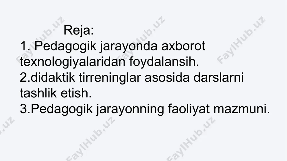 materiallar tayyorlanadi. nazariy va amaliy mashg'ulotlar jarayonida didaktik vositalar majmuidan foydalanish, birinchidan, talabalarning o'quv didaktik va texnik tafakkurini shakllantirishga, zamonaviy texnika vositalari bilan ishlash ko'nikmalarini hosil qilishga yordam bersa; ikkinchidan o'rganadigan fanlar mazmunini yangi davr talablaridagi ma'lumotlar bilan to'ldirishni, manbalar bilan mustaqil ishlash ko'nikma va malakalarini shakllanishiga amaliy yordam ko'rsatadi; title text addition the user can demonstrate on a projector or computer, or print the presentation and make it film title text addition the user can demonstrate on a projector or computer, or print the presentation and make it film title text addition the user can demonstrate on a projector or computer, or print the presentation and make it film please enter title content here uchinchidan, didaktik vositalar majmuini mashg'ulotlarga keng qo'llashga o'qituvchi-professorlarni yo'naltiradi; to'rtinchidan, talaba-o'quvchilarning xotirasini, ijodiy qobiliyatlarini, jismoniy barkamolligini rivojla-nishini taminlaydi; beshinchidan, oquv-tarbiya jarayonini jadallashtirish, mukammallashtirishning pedagogik asoslarini kuchaytiradi va o qishning insonparvarlashtirish tamoyilini ro yobga chiqarish orqali …