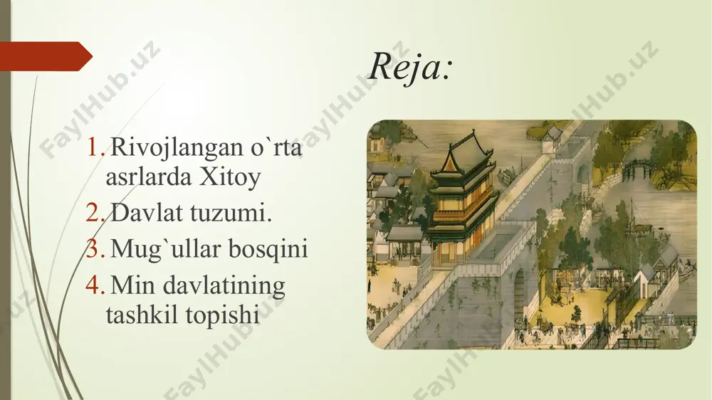 ldirgan edi. chingizxon 1211-yil mart oyida kerulen daryosi bо‘ylaridan faqat otliqlardan iborat qо‘shin bilan xitoy tomon yо‘l oladi. yurishga uning 4 о‘g‘li-jо‘ji, chig‘atoy, о‘qtoy va tulular ham borishgan. kerulendan to xitoy devorlarigacha masofa 750 chaqirimga (1 chaqirim 1,5 km) bо‘lib, bu masofani 40-kunda bosib о‘tish mumkin edi. 1211-yil sentabrda chingizxon vu sha pxi qal’asini bosib oldi, noyabrda esa szyuy yunga kirib bordi va bu yerlarni istilo qilinishi xunn imperatorini uning shimoliy yerlaridan butunlay uzib qо‘ydi. bu paytda xunnlar poytaxtida g‘alayon boshlandi. xunnlar lashkarboshisi gushaxu imperatorini о‘ldirib, unga ukasi utubuni о‘tqazadi. mо‘g‘ullar xitoyni 90 ta shahrini talon-taroj qildilar. utubu mо‘g‘ullar bilan 1211yil dekabrda tinchlik shartnomasi imzolaydi, mо‘g‘ullar ketgandan sо‘ng poytaxtni janubga byan gin (hoz. kayfin)ga kо‘chiradi. utubu kidan qabilalariga ot va qurollarini topshirishni buyuradi, shunda kudanlar chingizxonga itoatkorlik bildirib, yordam sо‘raydilar. chingizxon harbiy harakatlarni qaytadan boshlaydi. chingizxon 1227 yil mayida xunnlar yurtiga g‘arbdan kirib boradi. bu paytda tongg‘utlar hukmdori li xyan …