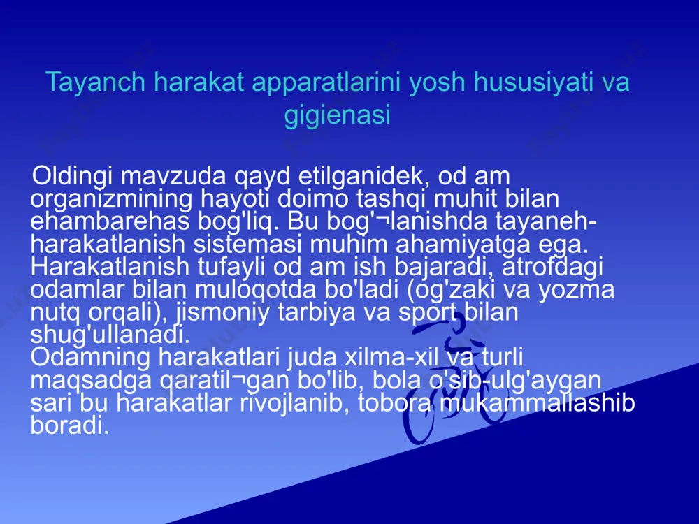 bosh suyagidagi tepa, ensa, yuz, kurak va ehanoq suyaklari. g'alvirsimon suyaklar - yuqorigi jag', peshona, bosh suya gining pastki asos qismidagi ponasimon va g'alvirsimon suyaklar. 1-rasm. skeletning umumiy ko'rinishi. odam tanasidagi suyaklar joylashishiga qarab bir necha qismga bo'lib o'rganiladi: bosh, gavda, qo'l va oyoq suyaklari. bosh suyagi 23 ta suyaklarning birikjsrudan tashkh topgan bo'lib ikki qismga bo'linadi: miya qutisi suyaklari va yuz suyaklari (2- rasm). miya qutisi suyaklariga: peshomi - i, tepa - 2, chakka - 2, ensa - i, asosiy - i, g'alvirsimon - 1 ta suyaklar kiradi. yuz suyaklariga: yuqorigi jag' - 2, yonoq - 2, burun - 2, ko'zyosh - 2, pastki burun chanog'i - 2, tanglay - 2, pastki jag' - 1, dimog' - i, til osti - i ta suyaklar kiradi.pastki jag' va chakka suyaklari bir-biri bilan bo'g'im hosil qilib birikadi. bu bo'g'im tufayli pastki jag' xilma-xil harakatlarni bajaradi va natijada odam ovqatni chaynash, so'zlash, …
