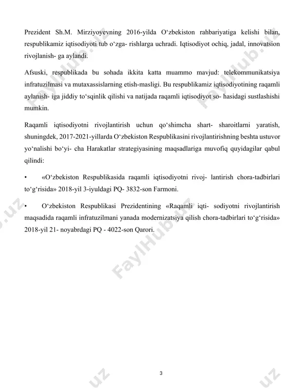 ernizatsiya qilish chora-tadbirlari to‘g‘risida» 2018-yil 21- noyabrdagi pq - 4022-son qarori. i bob.raqamli iqtisodiyotni rivojlantirishning zamonaviy konsepsiyalari 1.1.raqamli iqtisodiyot tushunchasi, ta’rifi va rivojlantirish modellari raqamli iqtisodiyotning paydo bo‘lishi zamonaviy axborot- kommunikatsiya texnologiyalari (akt) va global internet tar- mog‘isiz tasavvur qilib bo‘lmaydi. «raqamli iqtisodiyot», akt va internet tushunchalari bir-biri bilan uzviy bog‘liqdir. hozirgi kunda mavjud bo‘lgan internet dastavval 1995-yilda vujudga kelgan. o‘sha paytdan boshlab internet orqali taqdim eti- ladigan turli xil xizmatlar - fayllarni uzatish, masofadan kirish (telnet ), elektron pochta, qidiruv tizimlari, forumlar, ijtimoiy tarmoqlar va boshqalar bilan to‘ldirilgan "virtual dunyo" ning paydo bo‘lishi haqida gapirish mumkin. bugungi kunda internet ulkan ko‘ngilochar, ta’lim, savdo, moliyaviy va siyosiy sohadir. «raqamli iqtisodiyot» atamasi ikki olimning nom-lari bi- lan bog‘liq-kanadalik iqtisodchi don tapskott va amerikalik ax- borot texnologiya (it) mutaxassisi nicholas negroponte . 1995-yilda "being digital" kitobida nikolas negroponte "ra- qamli iqtisodiyot" atamasini qo‘llagan. ilmiy asarida uchta kesi- shidagan media tarmoqlarga (ommaviy axborot …