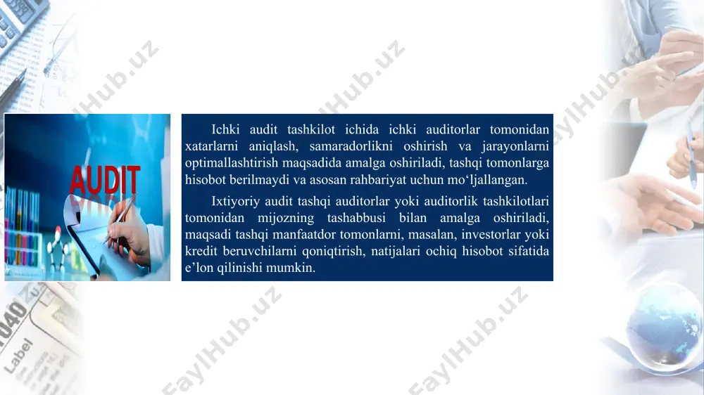 o‘g ‘risida nizomga muvofiq, ichki auditor rahbarlar va xodimlar tomonidan korxonaga zarar yetkazilganidan darak beruvchi faktlarni aniqlaganda, bu haqda zudlik bilan korxona kuzatuv kengashiga xabar berishi va ichki auditom ing hisobotiga tegishli qayd kiritishi shart e’tiboringiz uchun rahmat!!! image1.png image2.png image3.png image4.png image5.png image6.png image7.png /docprops/thumbnail.jpeg