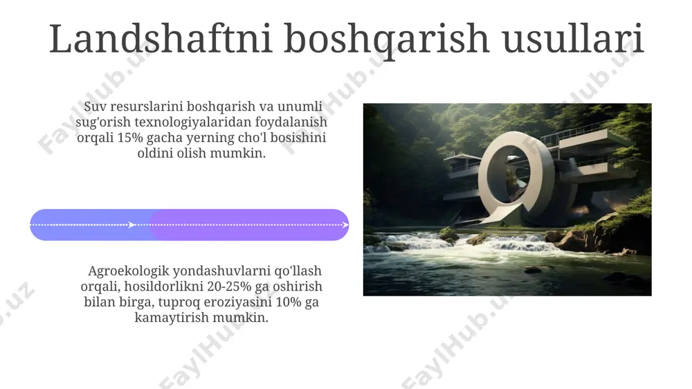 tish va hududiy rivojlanishni rejalashtirishda qo'llab-quvvatlaydi. geografik axborot tizimlari (gaт) yordamida 1000 dan ortiq qatlamli ma'lumotlarni, masalan, tuproq, o'simlik va relyef xaritalarini birlashtirib, murakkab landshaft dinamikasini tahlil qilish mumkin. deflyatsiya jarayonlari shamolning tezligi 10 m/s dan oshganda, deflyatsiya jarayoni keskin kuchayib, mayda zarrachalarni 100-200 m masofaga tashib, qishloq xo'jaligi ekinlarining 30-40% zararlanishiga olib kelishi mumkin. cho'l va yarim cho'l zonalarida yillik deflyatsiya miqdori 5-15 mm gacha, o'ta intensiv hollarda esa 100 mm dan oshishi mumkin, bu esa ekologik muvozanatni buzadi va qum ko'chishiga olib keladi. e'tiboringiz uchun rahmat @taqdimot_robot image4.jpg image5.jpg image6.jpg image7.jpg image8.jpg image9.jpg image10.jpg image11.jpg image12.jpg image13.jpg image14.jpg image15.jpg image16.jpg image17.jpg image18.jpg image19.jpg image20.jpg image1.jpeg image2.jpeg image3.jpeg