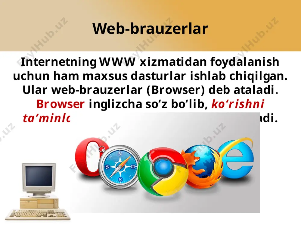 ‘zgartirish) amallar kiradi. tanlangan menyusiga kirgan amallar yordamida o‘zingizga yoqqan yoki ko‘p foydalanadigan websahifalarni saqlab qo‘yish, ularga yangi larini qo‘shish, tartiblash ishlarini bajarish mumkin. ma’lumot menyusi yordamida microsoft internet explorer dasturidan foydalanish haqida ma’lumot olish mumkin. internet explorer dasturining uskunalar paneli menyular tarkibiga kirgan amallarning ba’zilari kam qo‘llanilsa, ba’zilari tez-tez qo‘llaniladi. ko‘p qo‘llaniladigan amallarni bajarishni osonlashtirish maqsadida dasturda uskunalar paneli tashkil etilgan. uskunalar paneli tugmalar majmuidan iborat bo‘lib, har bir tugma ma’lum amalni bajaradi. internet explorer dasturi ishlash uchun qulay bo‘lib, oson o‘zlashtiriladi. chunki bu dastur yordamida internet tarmog‘idagi websahifa ochiladi va zarur bo‘lsa, qog‘ozga chop etiladi yoki diskda saqlab qo‘yiladi. internet tarmog‘idagi websahifani ochish uchun internet explorerning manzillar satriga kerakli websahifa manzilini yozib, enter klavishini bosish kifoya. websahifaning hajmiga qarab, uning ochilishiga bir necha soniyadan bir necha daqiqagacha vaqt sarflanishi mumkin. websahifa ochilish jarayonida uning qismlari ekranda asta-sekin ko‘rinib boradi. ma’lumotlar oynasidagi websahifani qog‘ozga chop etish uchun uskunalar panelidagi …