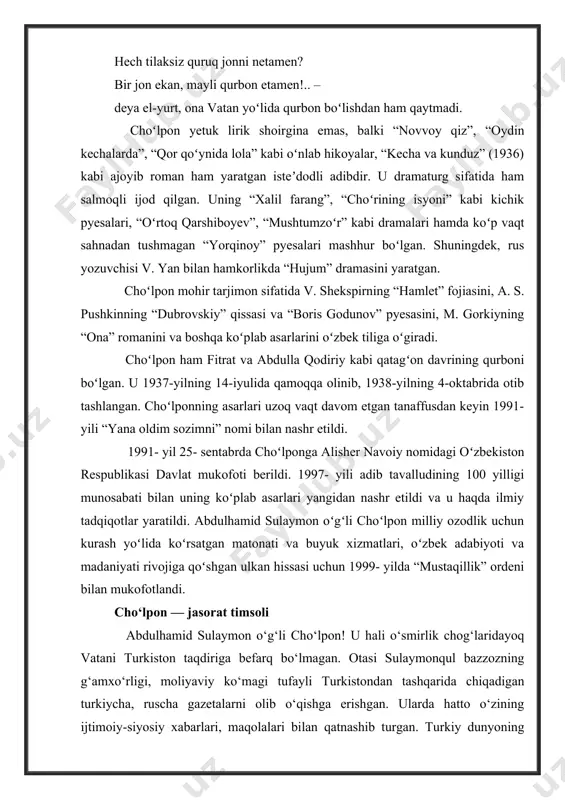 ‘qishga erishgan. ularda hatto o‘zining ijtimoiy-siyosiy xabarlari, maqolalari bilan qatnashib turgan. turkiy dunyoning ulug‘ ma’rifatparvarlari ismoil g‘aspirali, zaki validiy to‘g‘on, munavvar qori abdurashidxonov, ubaydulla asadullaxo‘jayev va boshqalarning nazariga tushgan, ba’zilari bilan o‘zaro yozishmalar qilgan. bu o‘ta murakkab, turkistonning ko‘p millatli xalqi qashshoqlik, chorasizlik, ma’rifatsizlikka mahkum bo‘lgan, aytish mumkinki, jaholatga botgan yillar edi. o‘sha yillari, ya’ni 1917 yili rusiyada inqilob ro‘y berib, podshoh taxtdan ag‘darildi. hokimiyat tepasiga lenin boshliq bolsheviklar keldi. turgan gapki, bunday evrilish turkistonda ham ro‘y berdi. mahalliy boshqaruv idoralari xodimlari orasida musulmonlar qariyb yo‘q edi. ayniqsa, viloyatlar, qishloq va shaharlarda hokimiyatni savodsiz matrosu askarlar, uzoq muddat surgunda hamda qamoqlarda o‘tirgan alamzada kishilar, dashnoqlar ustiga-ustak, ichkilikka berilgan qalang‘i-qasang‘ilar boshqara boshladilar. cho‘lpon istiqlol orzusida isyonga yo‘g‘rilgan ilk she’rlarini o‘sha yillarda yozgan. mamlakatdagi xo‘jasizlik, boshboshdoqlikdan foydalanishni ko‘zlagan ma’rifatparvar jasur bobolarimiz toshkentda turkiston muxtoriyatini e’lon qilmoqchi bo‘ladilar. lekin bu ezgu niyatga bolsheviklar izn berishmaydi, ularni shahardan siqib chiqarishadi. natijada vatan fidoyilari ezgu …