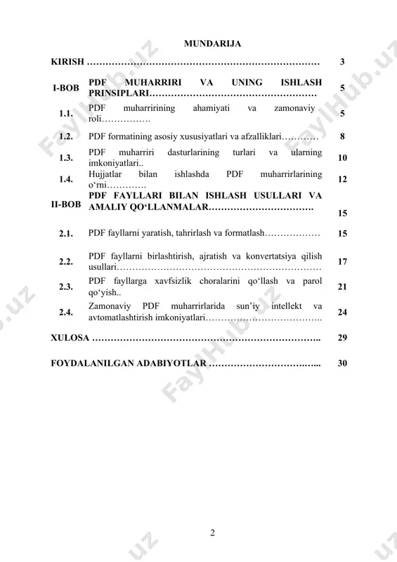 abli pdf muharrirlari zamonaviy raqamli muhitda eng muhim dasturiy vositalardan biri sifatida qaralmoqda. adobe acrobat, foxit pdf editor, pdf-xchange editor, nitro pdf, pdf24 creator kabi dasturlar turli foydalanuvchilar ehtiyojini qondirishga xizmat qiladi. kurs ishining maqsadi: pdf fayllari bilan ishlovchi dasturlar imkoniyatlarini o‘rganish, ularning asosiy funksiyalarini chuqur tahlil qilish, real amaliyotda pdf fayllarni tahrirlash, yaratish va birlashtirish jarayonlarini o‘zlashtirishdan iborat. kurs ishi davomida pdf muharrirlarining samaradorligi, qo‘llanish sohalari va foydalanuvchilarga taqdim etadigan imkoniyatlari o‘rganiladi. bundan tashqari, pdf muharriri interfeysi, xavfsizlik mexanizmlari, eksport-import imkoniyatlari, va foydalanuvchi uchun qulaylik darajasi ham tahlil qilinadi. kurs ishining vazifalari: 1. pdf formati va uning texnik jihatlarini chuqur o‘rganish. 2. pdf muharrirlari turlari va ularning imkoniyatlarini solishtirish. 3. eng mashhur pdf muharrirlari (adobe acrobat, foxit, nitro pdf) interfeysini va funksiyalarini o‘rganish. 4. matn, rasm, jadval va boshqa komponentlar bilan ishlash ko‘nikmalarini hosil qilish. 5. pdf fayllarni birlashtirish, ajratish, sahifa raqamlarini o‘zgartirish, himoya qo‘llash (parol, imzo) amaliyotlarini bajarish. …