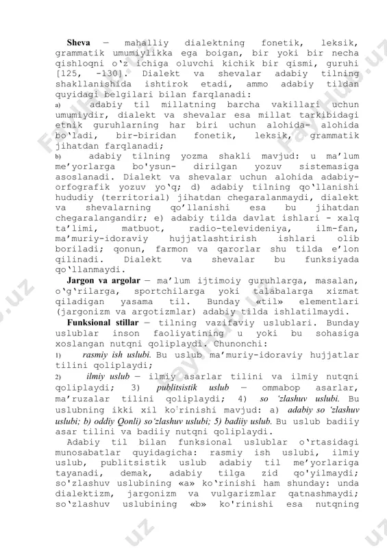 uv sistemasiga asoslanadi. dialekt va shevalar uchun alohida adabiy-orfografik yozuv yo‘q; d) adabiy tilning qo‘llanishi hududiy (territorial) jihatdan chegaralanmaydi, dialekt va shevalarning qo’llanishi esa bu jihatdan chegaralangandir; e) adabiy tilda davlat ishlari - xalq ta’limi, matbuot, radio-televideniya, ilm-fan, ma’muriy-idoraviy hujjatlashtirish ishlari olib boriladi; qonun, farmon va qarorlar shu tilda e’lon qilinadi. dialekt va shevalar bu funksiyada qo‘llanmaydi. jargon va argolar — ma’lum ijtimoiy guruhlarga, masalan, o‘g‘rilarga, sportchilarga yoki talabalarga xizmat qiladigan yasama til. bunday «til» elementlari (jargonizm va argotizmlar) adabiy tilda ishlatilmaydi. funksional stillar — tilning vazifaviy uslublari. bunday uslublar inson faoliyatining u yoki bu sohasiga xoslangan nutqni qoliplaydi. chunonchi: 1) rasmiy ish uslubi. bu uslub ma’muriy-idoraviy hujjatlar tilini qoliplaydi; 2) ilmiy uslub — ilmiy asarlar tilini va ilmiy nutqni qoliplaydi; 3) publitsistik uslub — ommabop asarlar, ma’ruzalar tilini qoliplaydi; 4) so ‘zlashuv uslubi. bu uslubning ikki xil ko!rinishi mavjud: a) adabiy so ‘zlashuv uslubi; b) oddiy qonli) so‘zlashuv uslubi; …