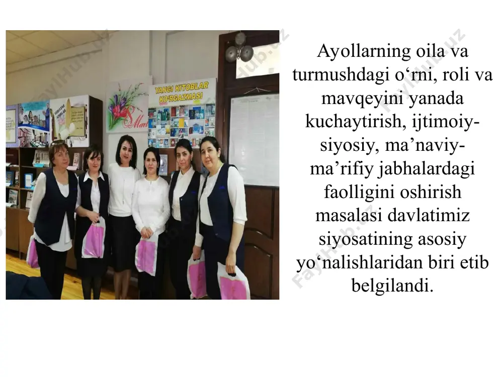 boshqa institutlarini jalb etish hamda xalqaro darajalarda samarali hamkorlikni rivojlantirish choralari ko‘z­da tutilgan. xulosa qilib aytganda, mamlakatimizda davlat va ja­miyat­ning barcha sohalarida ayollarga shunchalik keng imkoniyatlar yaratilgan. davlatimiz rahbari xotin-qizlarning hayotda o‘z o‘rnini topib, erkin va farovon hayot kechirishlariga barcha sharoitlarni muhayyo qilmoqda. shunday ekan, yurtimiz xotin-qizlari bu imkoniyatlardan unumli foydalanishlari lozim. oila atalmish muqaddas qo‘rg‘onlarning musthakam va osoyishta bo‘lishi, bu qo‘r­g‘onda voyaga etadigan o‘g‘il-qizlarning jamiyatda o‘z o‘rnini topib, davlatimizning yanada ravnaq topishiga o‘z ulushlarini qo‘shishlariga bosh-qosh bo‘­lishlari shart.