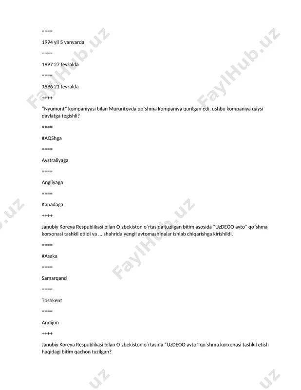 rish – qancha foizga ko`paydi ==== #16,3 foizga ==== 17 foizga ==== 15 foizga ==== 18,5 foizga ++++ qaysi yil – “faol investitsiyalar va ijtimoiy rivojlanish yili” deb e’lon qilindi? ==== #2019-yil ==== 2020-yil ==== 2018-yil ==== 2017-yil ++++ 2017-2021 yillarda o’zbekiston respublikasini rivojlantirishning beshta ustuvor yo’nalishi bo’yicha harakatlar strategiya qachon qabul qilingan? ==== #2017-yil 7-fevralda ==== 2017-yil 17-mart ==== 2017-yil 27-may ==== 2017-yil 29-aprel ++++ 2017-2021 yillarda o’zbekiston respublikasini rivojlantirishning beshta ustuvor yo’nalishi bo’yicha harakatlar strategiyasining qaysi ustuvor yo’nalishi “iqtisodiyotni rivojlantirish va liberallashtirishning ustuvor yo’nalishlari” deb nomlanadi? ==== #1 ==== 2 ==== 3 ==== 4 ++++ harakatlar strategiyasiga ko`ra 2017-2021 yillarda jami qancha qiymatli investitsiya loyixasini amalga oshirish rejalashtirilgandi? ==== #40 mld aqsh dollari. ==== 50 mld aqsh dollari. ==== 35 mld aqsh dollari. ==== 55 mld aqsh dollari. ++++ harakatlar strategiyasining “ijtimoiy soxasini rivojlantirish” deb nomlangan 4-chi yo’nalish buyicha keyingi 5 yilda qishloq joylarda qancha arzon uy joylar …