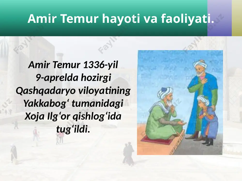 n tahdidini yo‘qqa chiqardi. boyazidning tahdididan xalos bo‘lgan yevropa davlatlari amir temurga minnatdorchilik maktublarini jo‘natishdi. boyazid amir temur amir temur yurtni qudratli markazlashgan davlatga aylantira oldi. ayni paytda yevropa xaloskoriga ham aylandi. amir temurning jahon tarixida tutgan o‘rni kattadir. toshkent, samarqand va shahrisabz shaharlarida amir temur haykallari o‘rnatildi. vatanimizning yuksak mukofotlaridan biri – «amir temur» ordeni ta’sis etildi. toshkent shahrida temuriylar tarixi davlat muzeyi barpo etildi. image2.jpg image3.jpeg image4.jpeg image5.jpeg image6.jpeg image7.jpeg image8.jpeg image9.jpeg image10.jpeg image11.jpeg image12.jpeg image13.jpeg image14.jpeg image15.jpeg image16.jpeg image17.jpeg image1.jpg