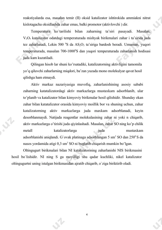 b va palladiy (shu og`irlikdagi)ni aktivligini 3 deb olinsa, hosil bo’lgan aralash katatalizatorning aktivligi 15 ga teng bo’ladi. promotorlar ikki gruppaga-strukturalar hosil kiluvchilar va modifikastiyalovchi promotorlarga bulinadi. strukturalar hosil qiluvchi promotorlar katta konstentrastiyada bo’lganda ta’sir qiladi. masalan, ni katatalizator mavjudligida fenol stiklogeksanga aylanishi 20% li soda eritmasi qo`shilgandagi yaxshi promotorlanadi. strukturalar hosil kiluvchi promotorlar katalizatorlar tuzilishini yaxshilaydi xususan, katatalizator muvozanat tuzilishini mustahkamlaydi, kristall amorflanishga to’sqinlik qiladi, yuzani ko’p jinsliligini saqlaydi, solishtirma yuzani ko’p aytiradi. masalan, ammiak sintezda fe3 o4 katatalizator, al 2 o3 -promotordir. reakstiya o’tgandan so’ng fe3 o4 g`ovak-g`ovak zarrachalardan iborat bo’lib, kristall bir-biriga birlashishiga yo’l qo’ymaydi al 2 o3 pardasi bilan qoplanganligi kuzatilgan. 3.alyumosilikat katalizatorlari va ularni regenirasiyasi modifikastiyalovchi promotorlar juda kam miqdorda ta’sir qiladi. roginskiy fikricha, bu xil promotor ta’sirida yuzada ximiyaviy va ko’p jinslilik hosil bo’ladi va natijada aktiv markazlar soni ortadi. har qanday katalizator ham xech kachon sof bo’lmaydi, uning yuzasida ma’lum miqdor boshqa modda …