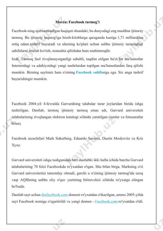 ik sarmoyador paypal to'lov tizimining asoschilaridan biri piter til bo'lib, u 2004-yil iyun oyida ushbu loyihaga $500 000 dollar mablag' kiritgan. "facebook"ning maxfiylik sozlamalari o'zgartirilgandan so'ng, 2009-yil dekabr oyida sukerbergning shaxsiy fotosurati, unda u ko'ylaksiz, ayiqcha ushlab turgan va mast holatda ko'rinar edi. ayni paytda facebook eng ko'p tashrif buyuriladigan saytlarning beshtasidan biri hisoblanadi. ma'lumotlarga ko'ra, 2016-yil iyul oyi holatiga ko'ra, "facebook"ning auditoriyasi 1,71 milliard foydalanuvchini tashkil etadi - va bu saytga har oy kamida bir marta tashrif buyurganlar yoki ko'rsatilgan vaqt ichida like tugmasini bosish va quyidagi cookie fayllari yordamida qayd etilganlar. facebook xakerlari ushbu kompaniya tomonidan yollangan. 2006-yilda jorjiya janubiy universitetining yosh talabasi kris putnam ijtimoiy tarmoqdagi foydalanuvchi profillarining ko'rinishini o'zgartiragan kompyuter virusini yozdi, shundan so'ng ular myspace ijtimoiy tarmog'ining sahifalariga o'xshash bo'lib qolishdi, facebook bu yo'nalishda asosiy raqib edi. facebook asoschilaridan biri dastin moskovits "qasos" aktida kris putnamga ... kompaniyada ishlashni taklif qildi. shunday qilib, kris facebookda …